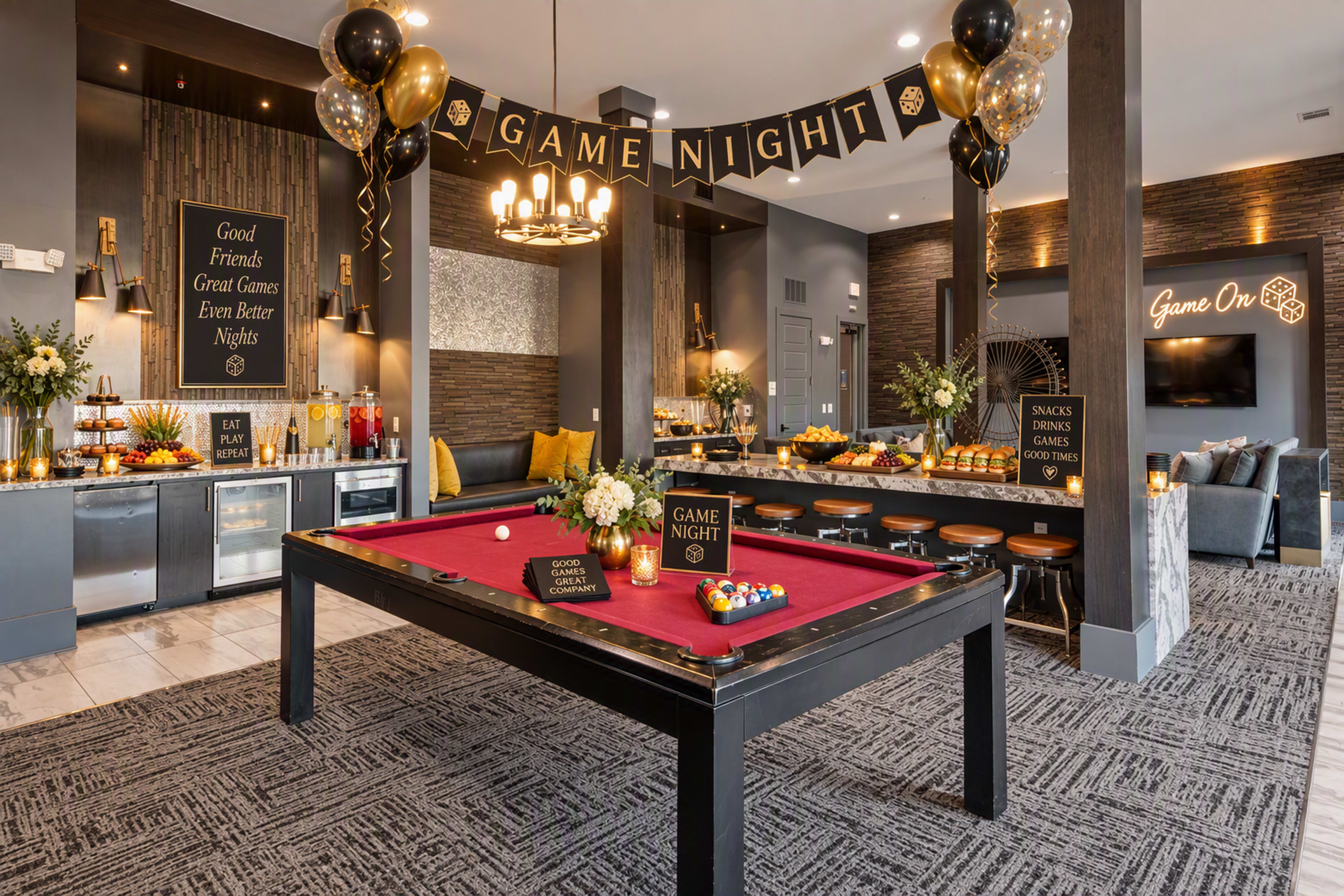 The image depicts a stylish game night setup with a pool table, decorative banners, snacks, and seating in a well-lit social space.