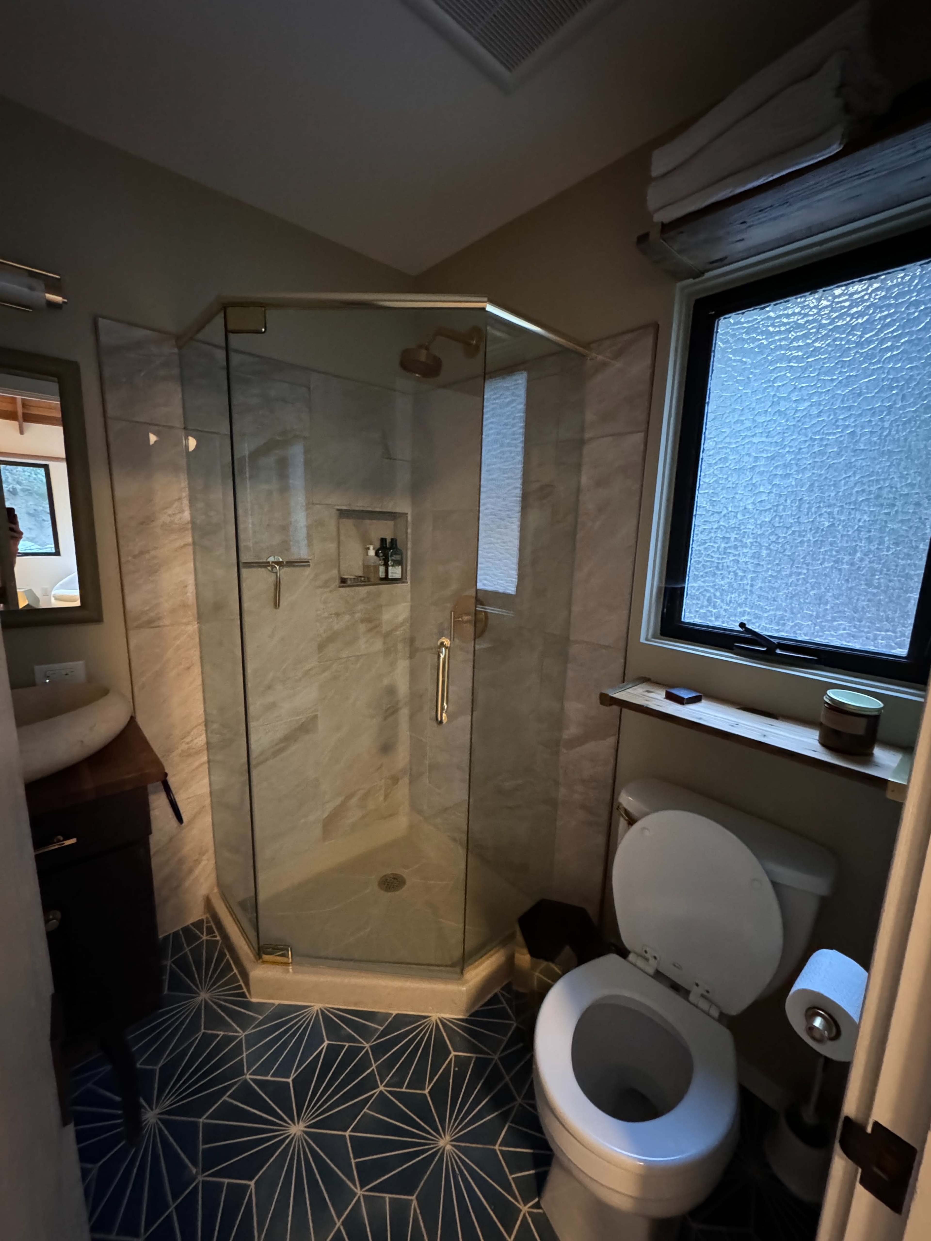 A bathroom featuring a glass shower enclosure, a toilet, and a window with textured glass.