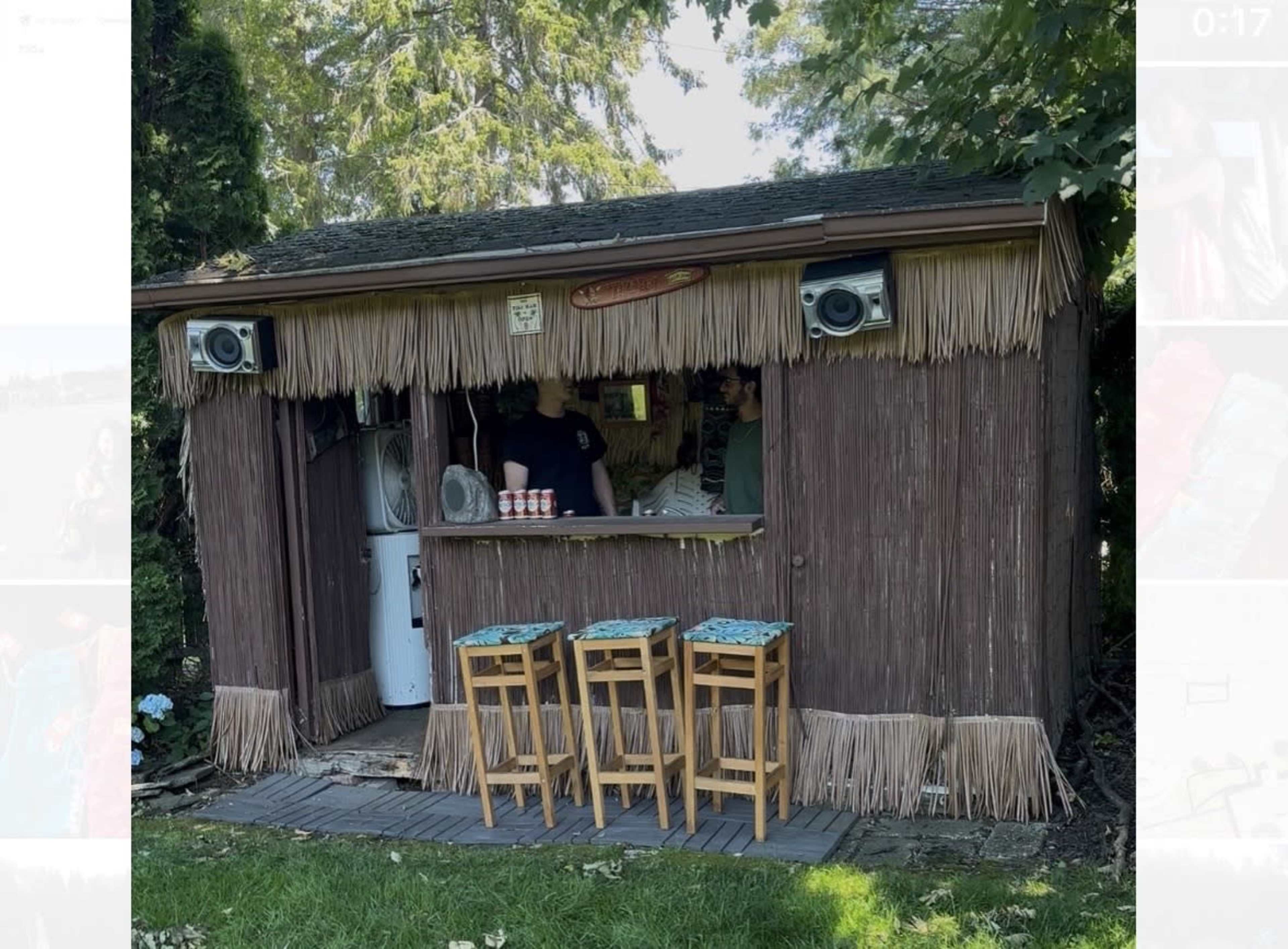 A wooden hut with a thatched roof features a serving window and barstools, surrounded by greenery.