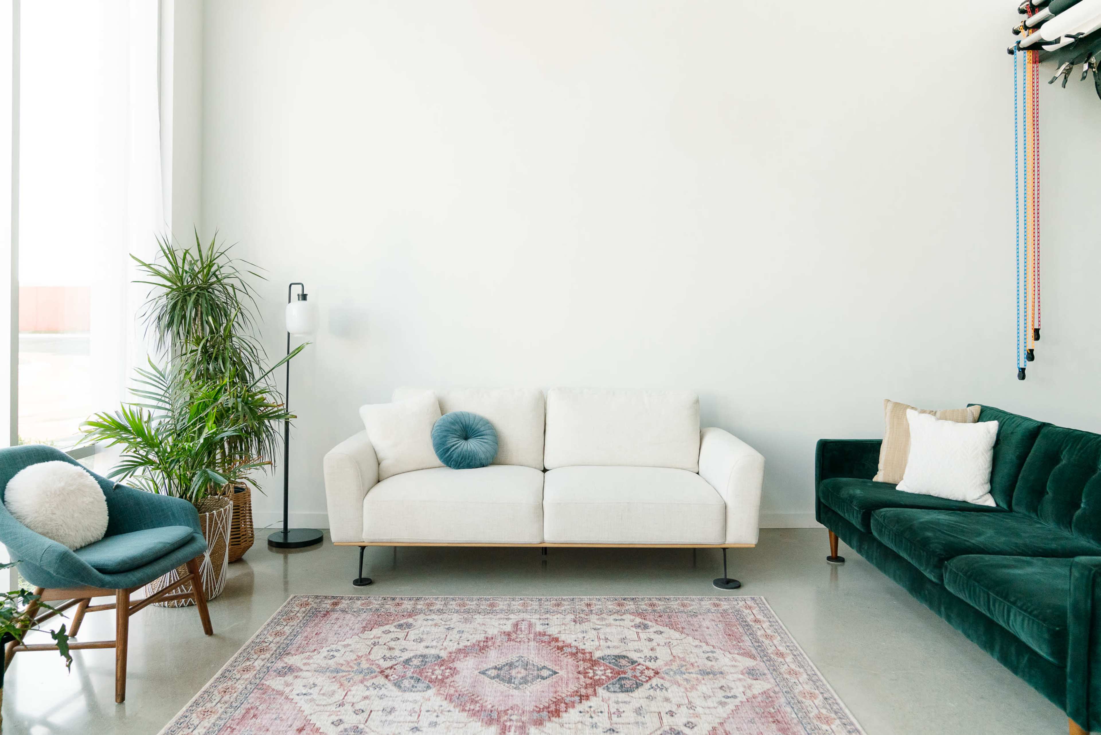 A modern living room with a white sofa, a green velvet couch, a patterned rug, and potted plants, illuminated by natural light from large windows.