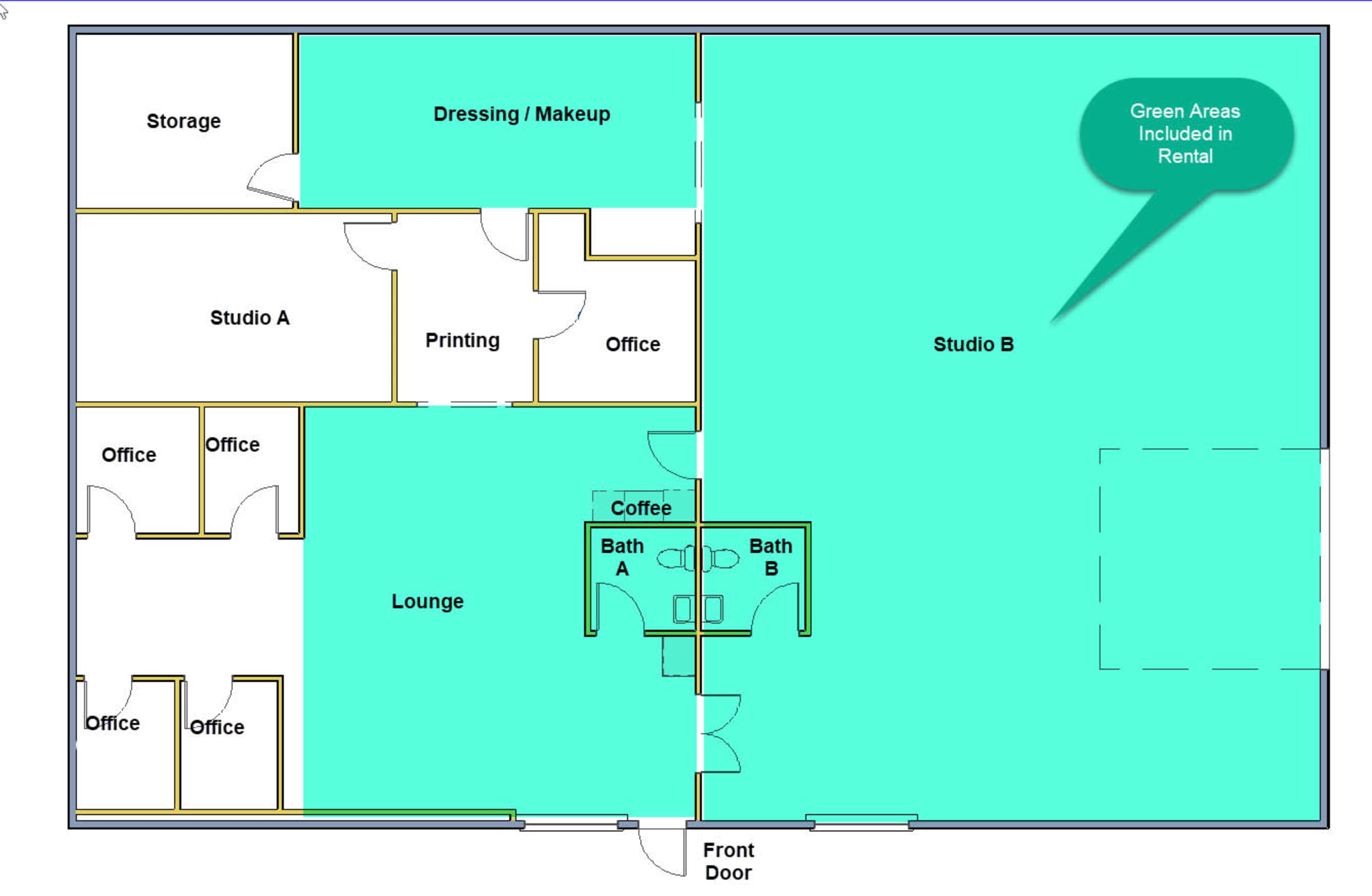 The layout depicts an office space with designated areas for storage, offices, a lounge, a printing area, and two bathrooms, with certain sections highlighted in green to indicate they are included in the rental.