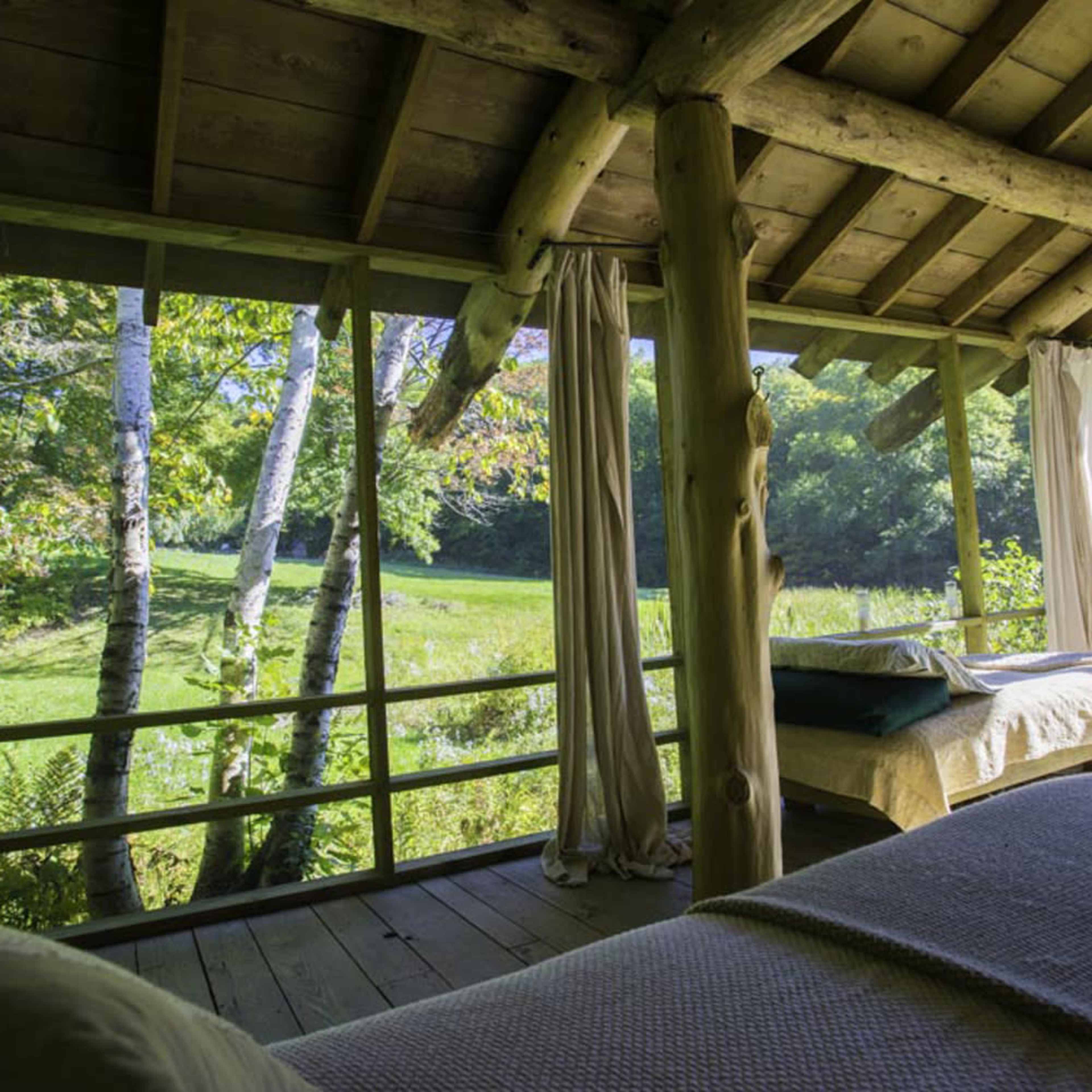 A wooden cabin interior with large windows overlooking a green landscape and trees.