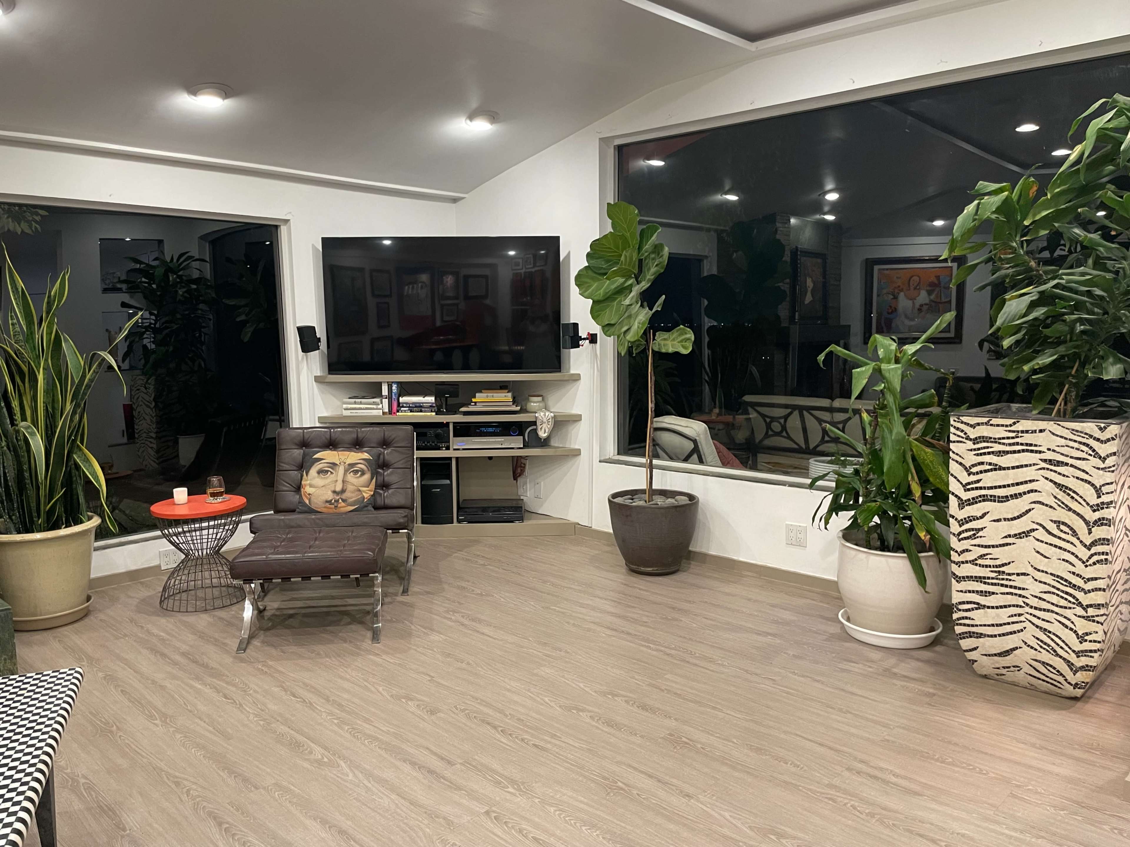 A modern living room with a large window, potted plants, a low chair with a decorative cushion, a television mounted on the wall, and a coffee table.