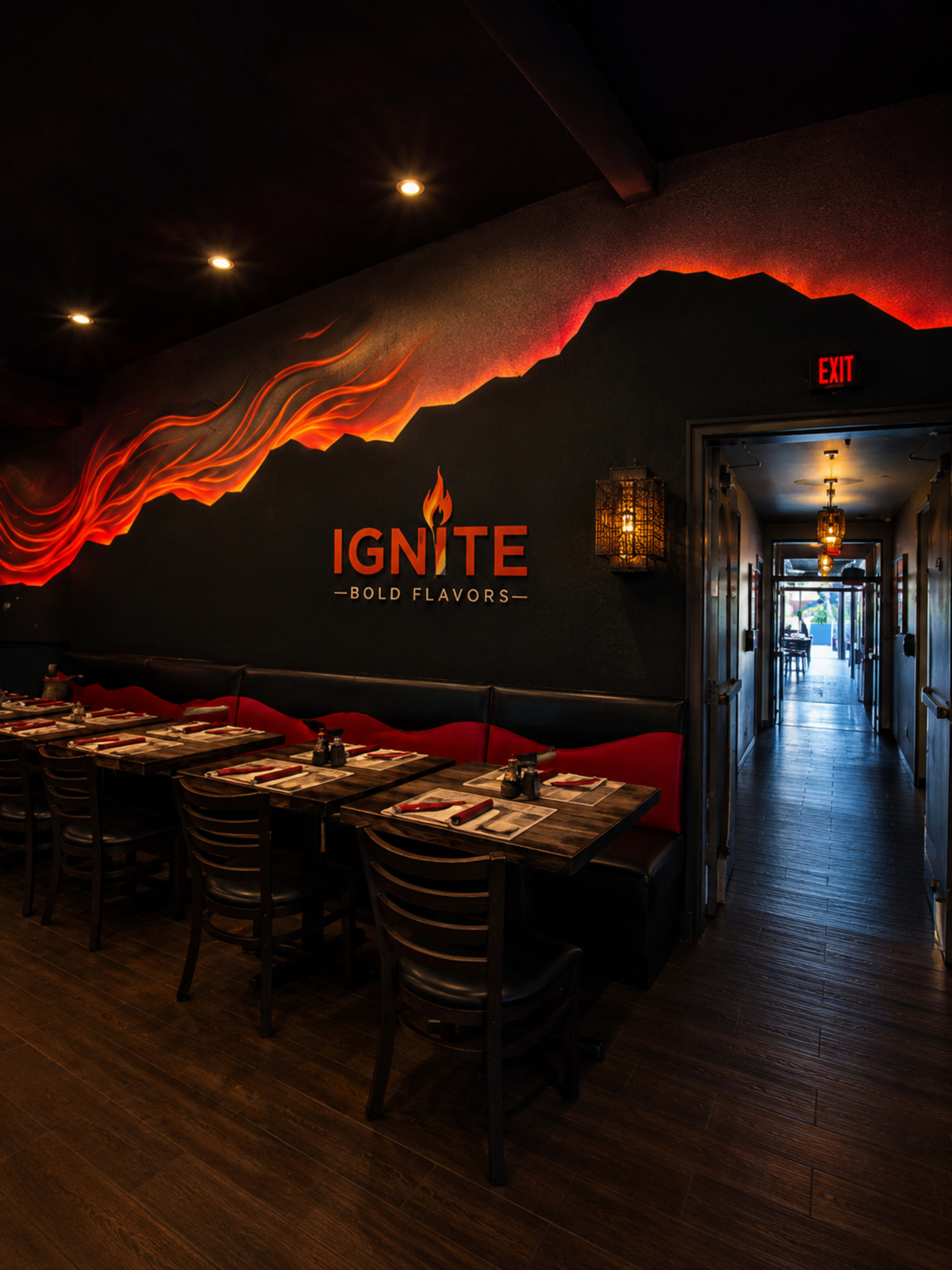 The image shows the interior of a restaurant named "IGNITE," featuring red seating along the walls and a hallway leading to an exit.
