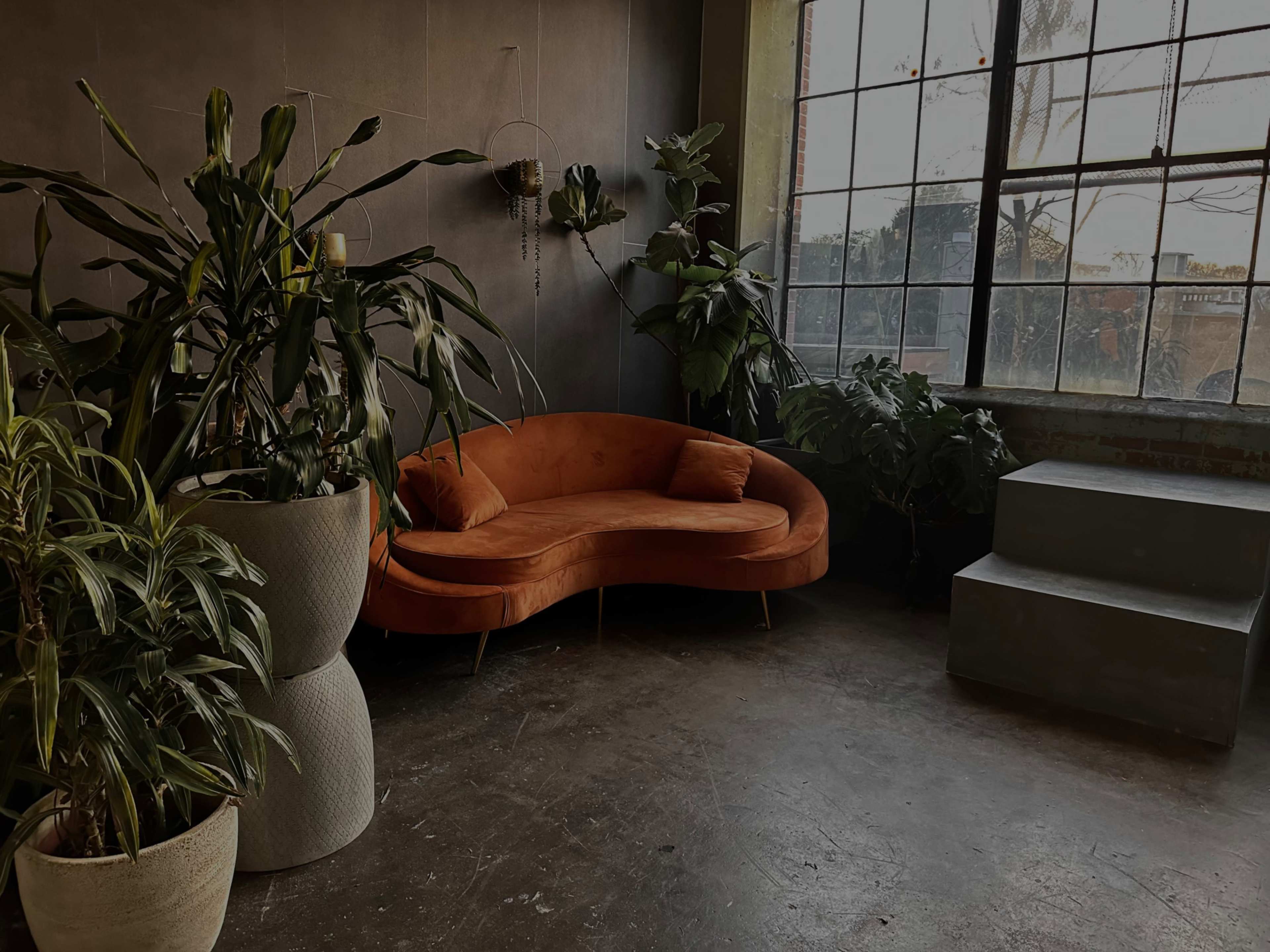A modern lounge area featuring an orange curved sofa, potted plants, and large windows that allow natural light to enter.
