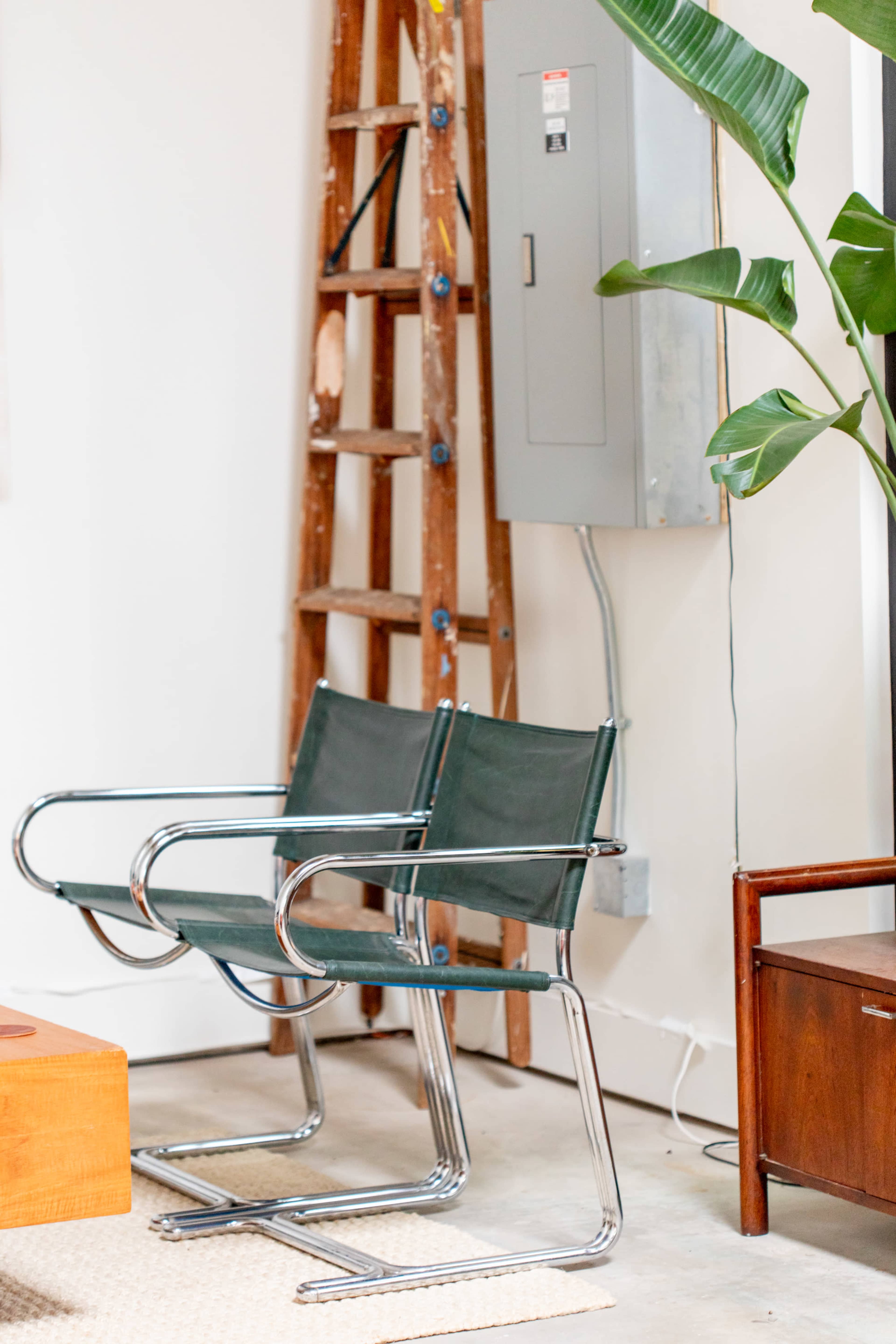 Two green chairs with chrome frames positioned next to a wooden ladder and a leafy plant in a minimalist interior space.
