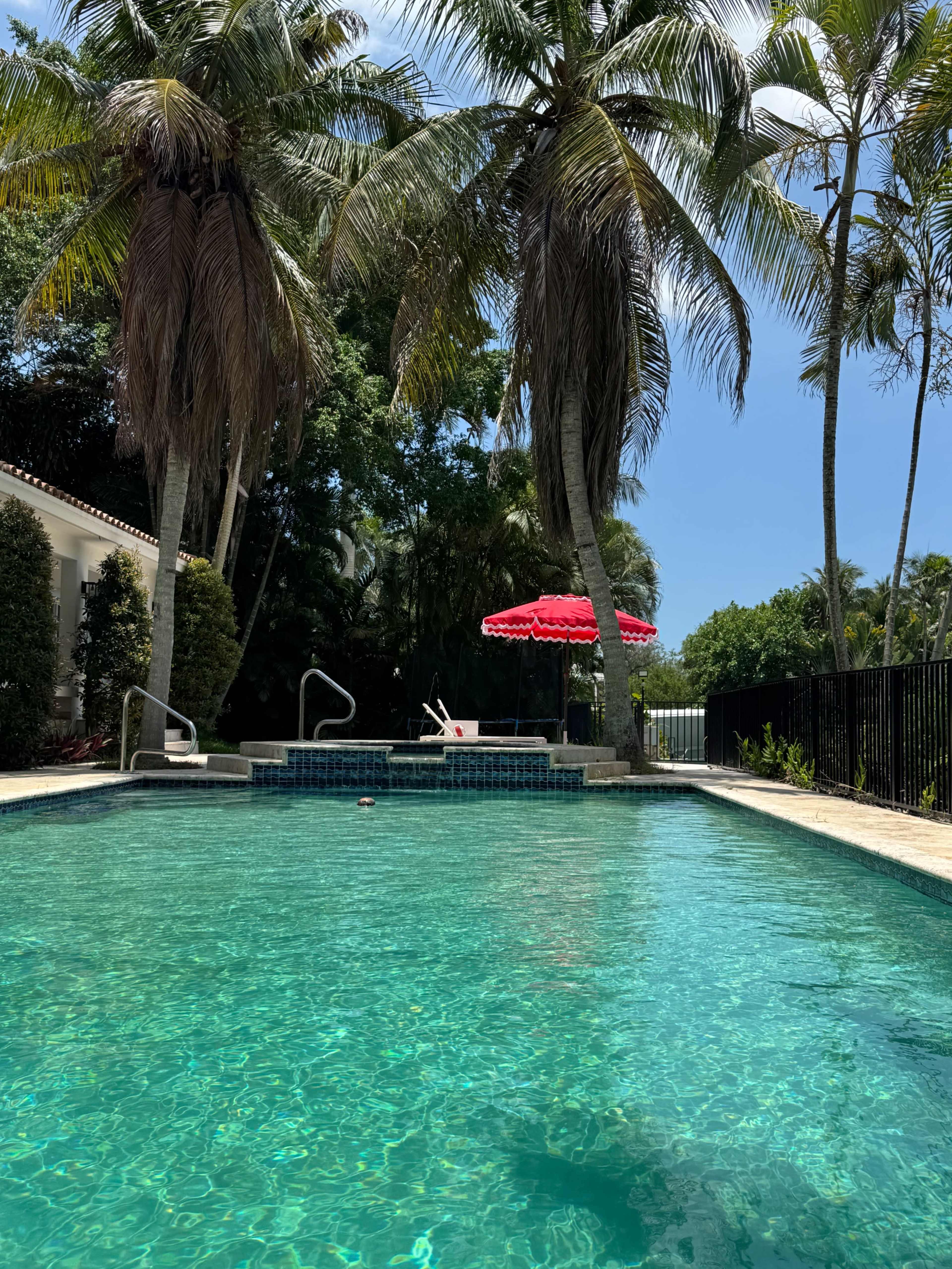 A clear swimming pool is surrounded by tall palm trees and features a red umbrella over a nearby lounge area.
