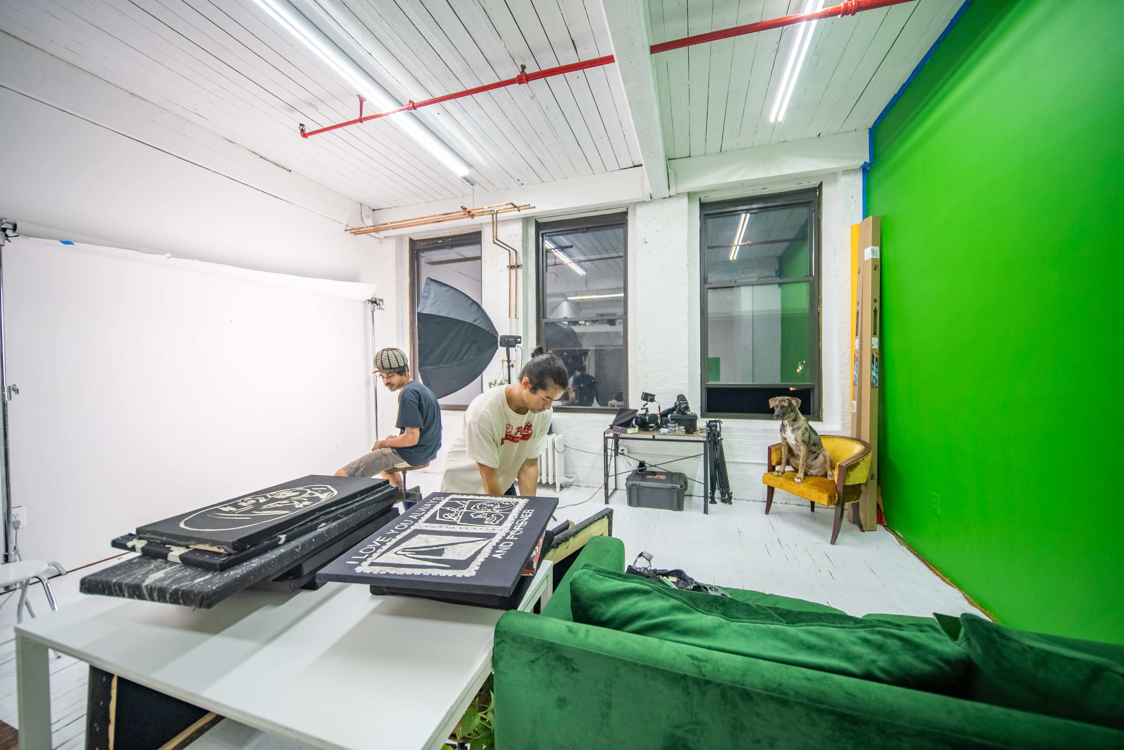 Two individuals are setting up equipment in a photography studio with a green backdrop and a dog sitting in a chair.