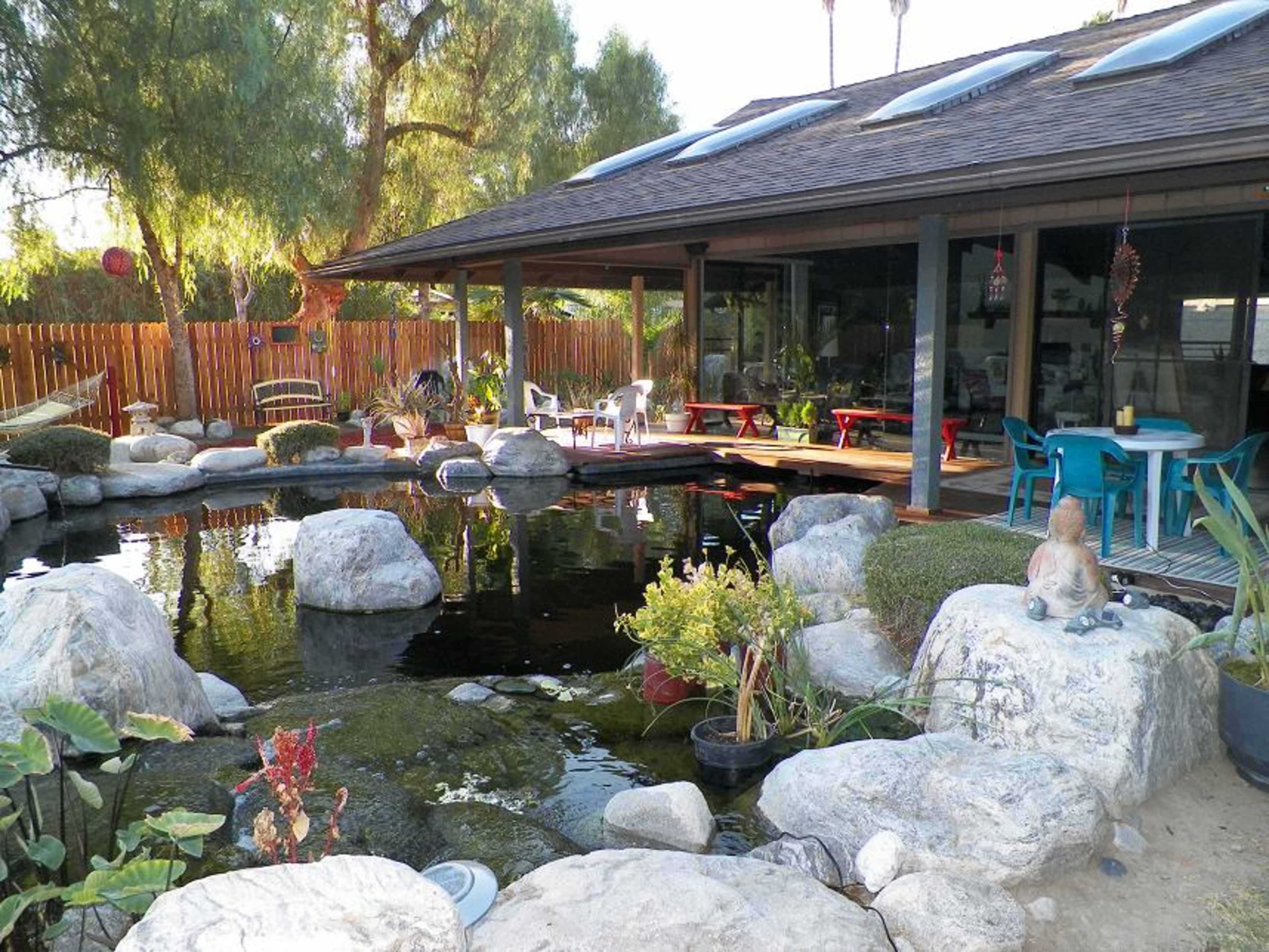 A serene outdoor space features a pond with rocks and plants, adjacent to a modern structure with large windows and multiple seating areas.