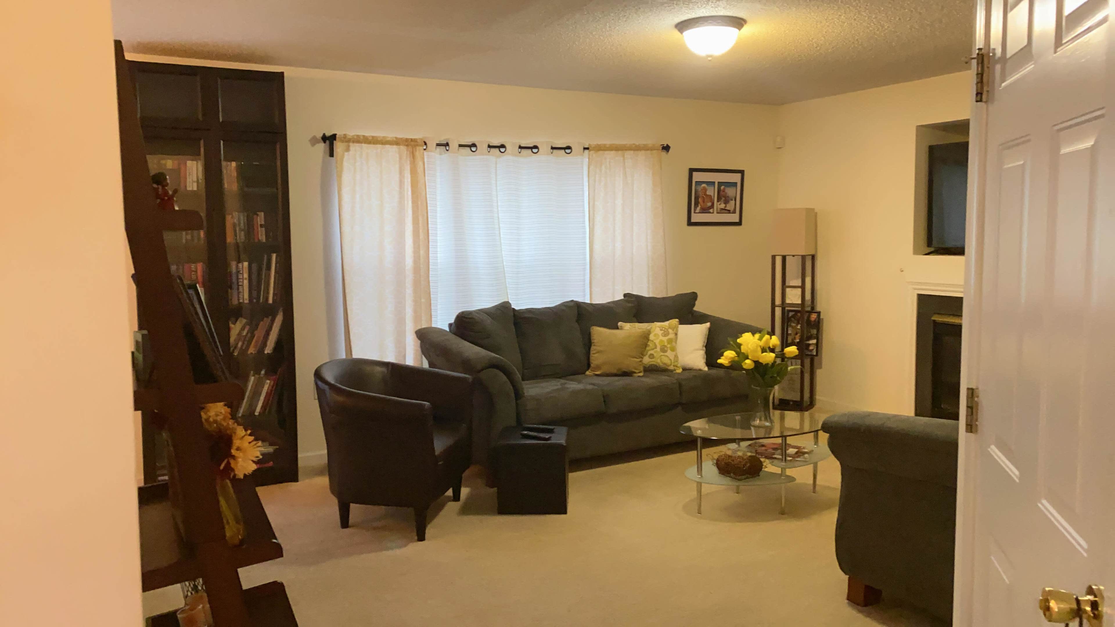 A living room features a gray sofa, two chairs, a glass coffee table, and a bookshelf along with light-colored curtains and a small fireplace.
