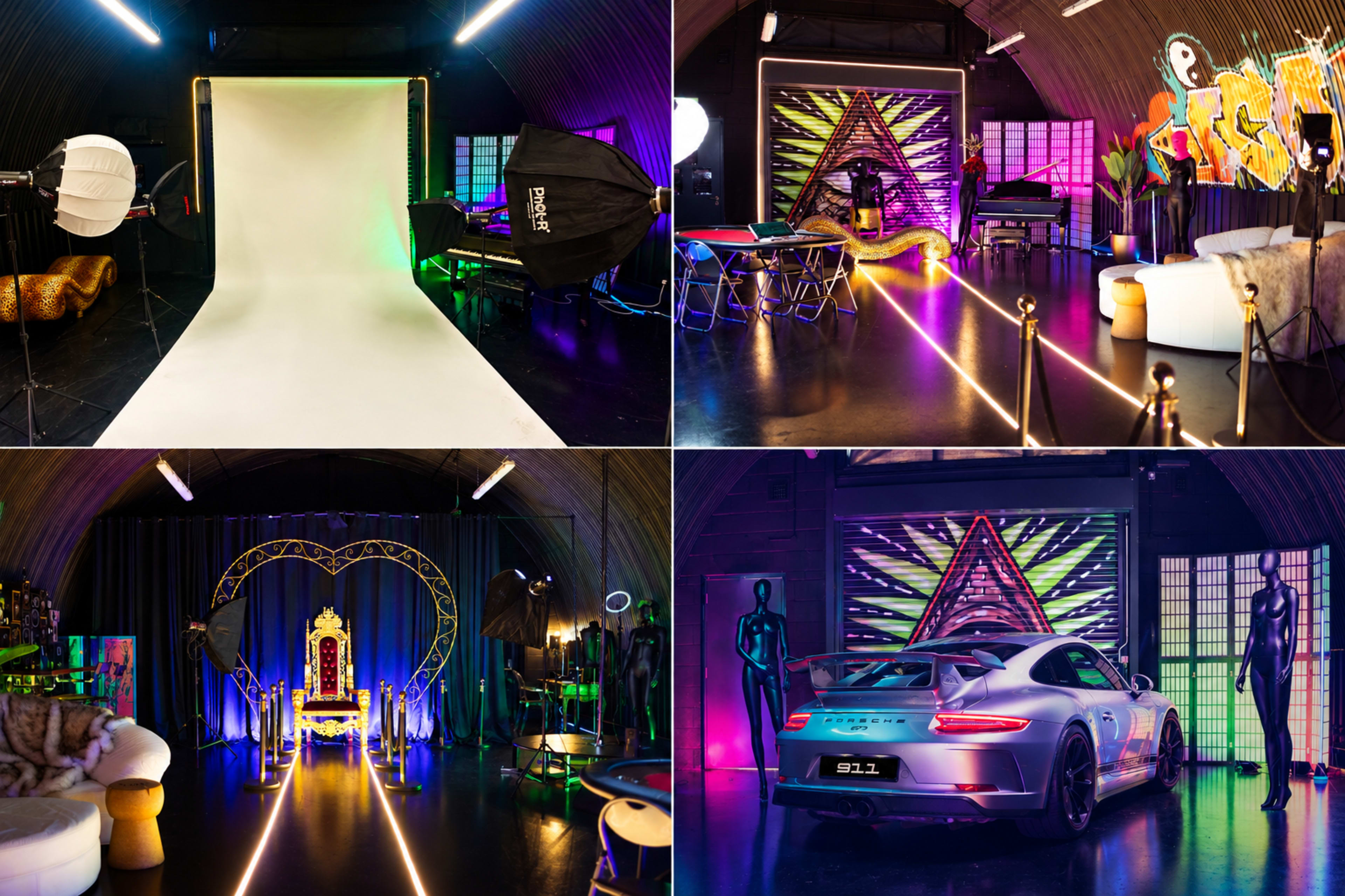 The image shows a stylishly designed photo studio with vibrant lighting, featuring a white backdrop, colorful decor, and varied furniture setups for photo shoots.