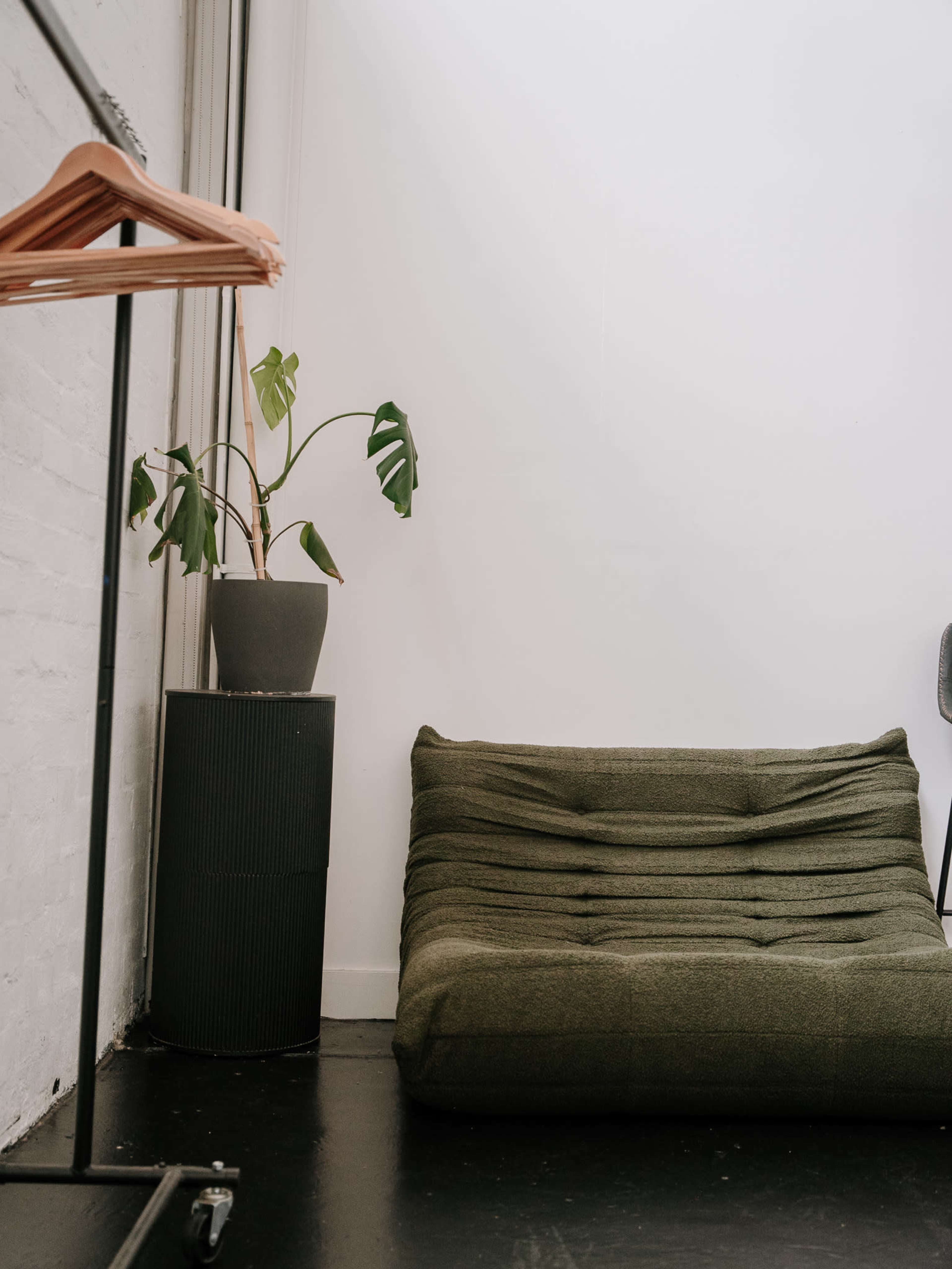The image shows a minimalist interior with a green sofa, a plant in a pot, and clothes hangers on a rack against a white wall.