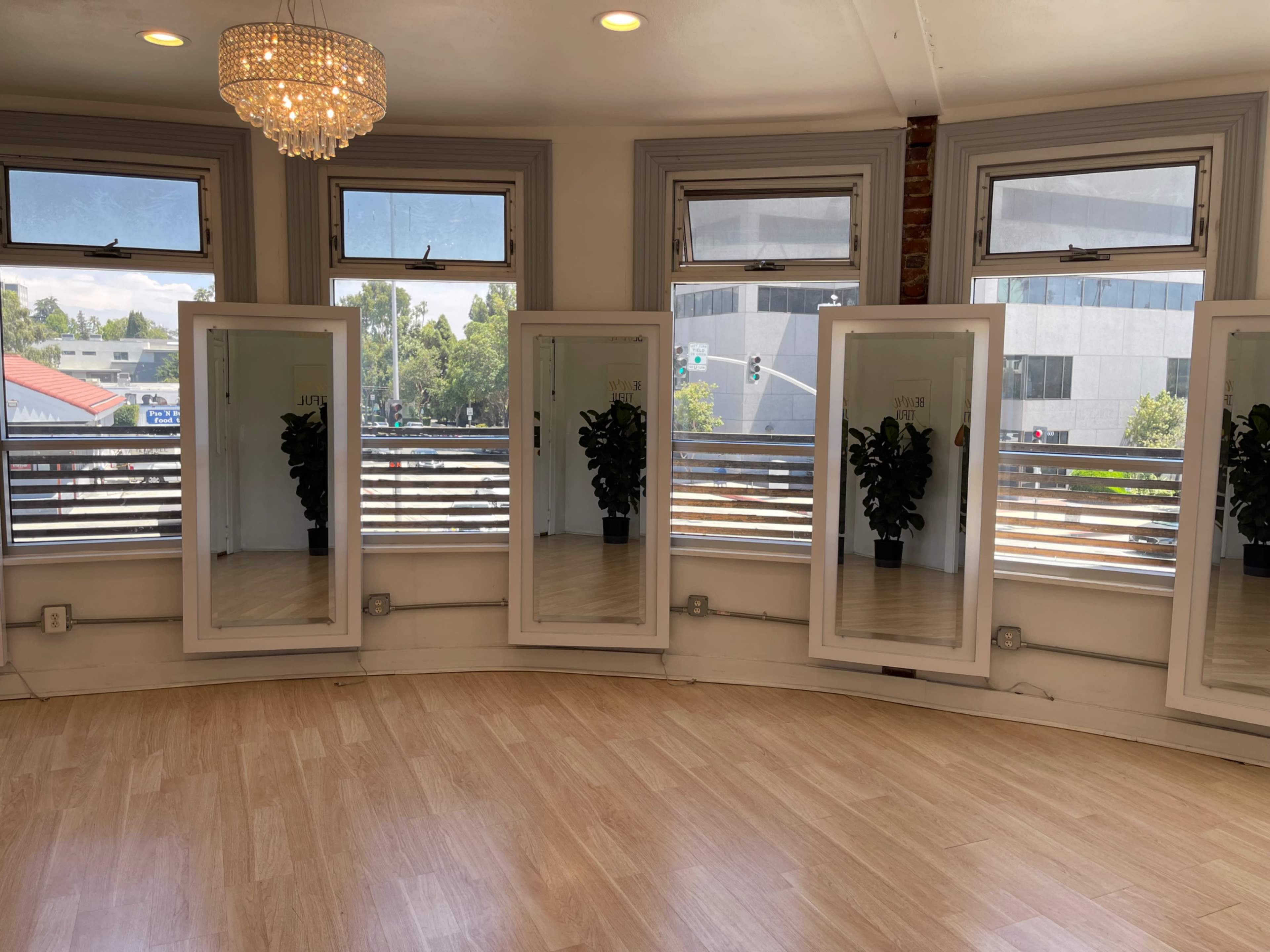 The image shows a bright room with large mirrors and a chandelier, featuring potted plants in each mirror's reflection.