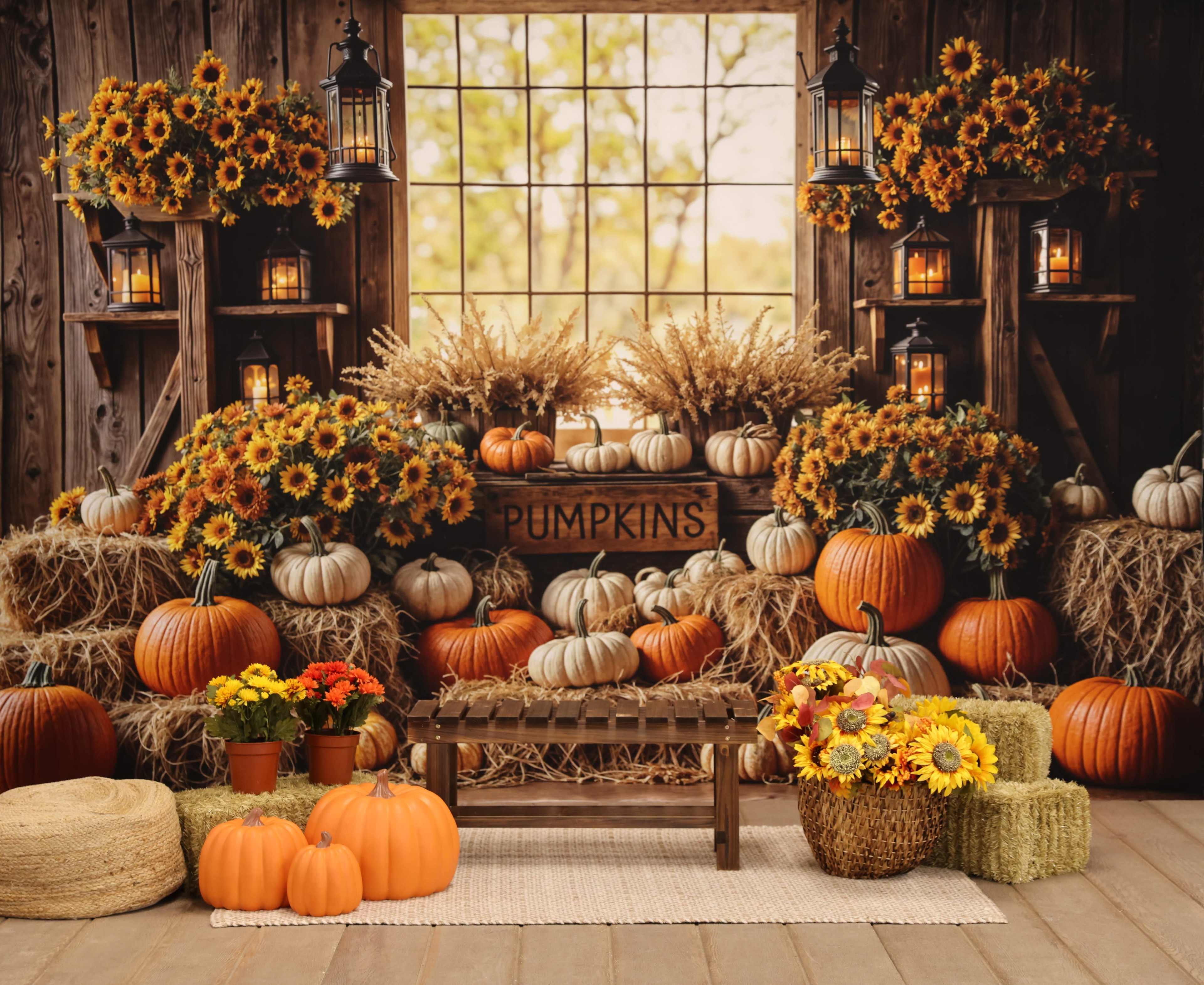 The image showcases a decorated autumn scene featuring various pumpkins, sunflowers, and hay bales arranged around a wooden backdrop with a large window.