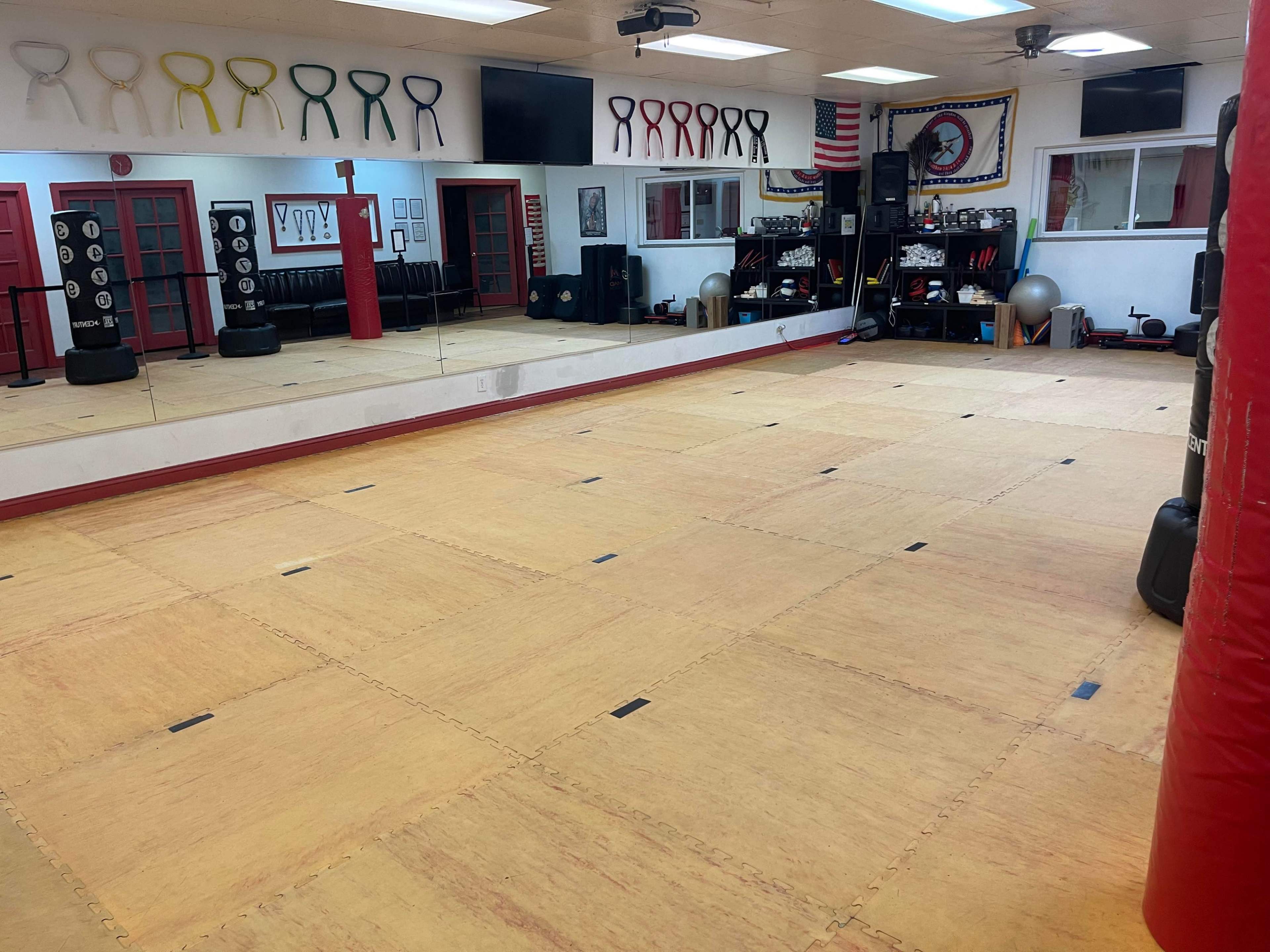 A martial arts training studio with a mirrored wall, various training equipment, and a padded floor.