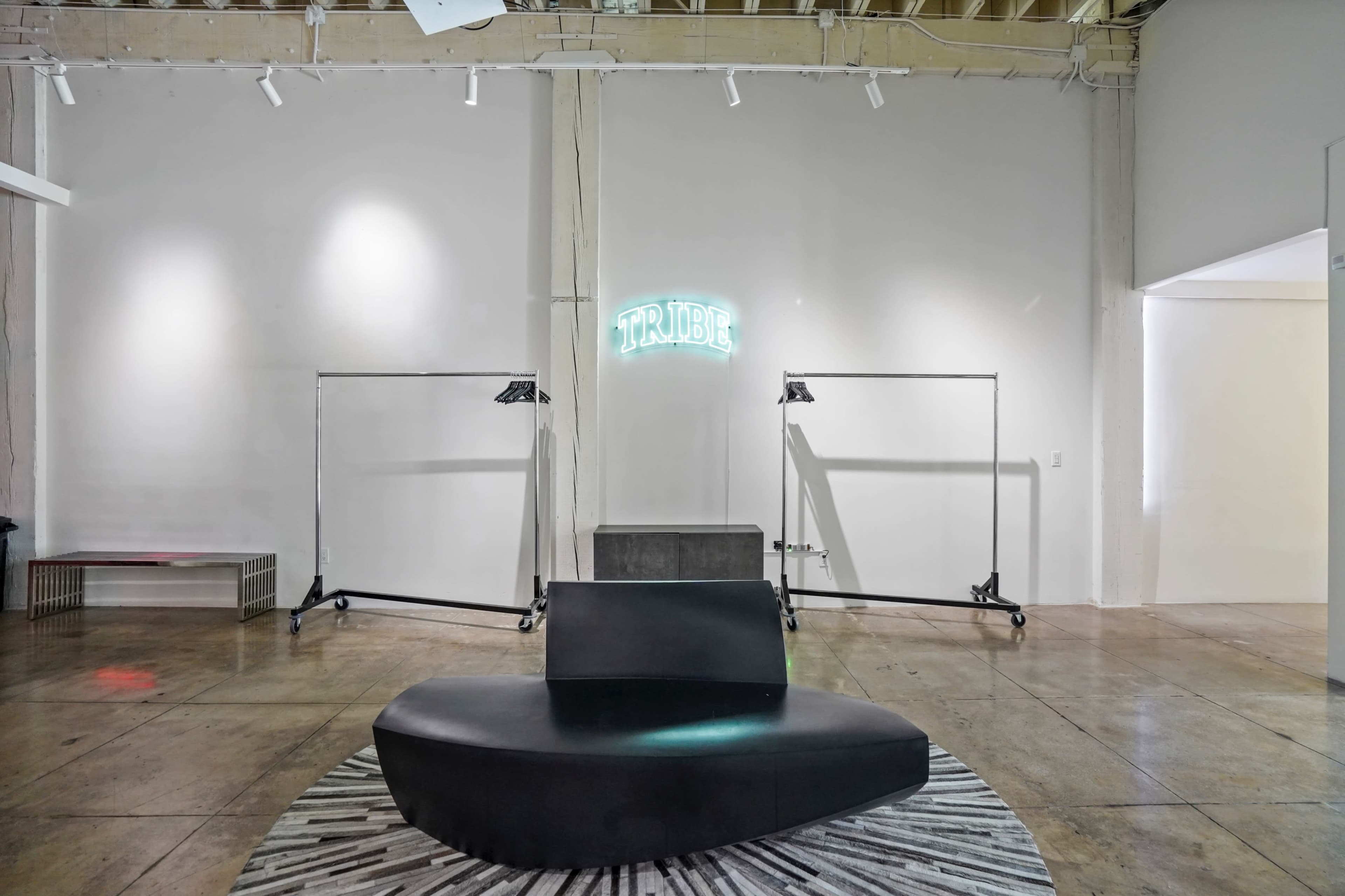A minimalistic interior space featuring a black curved bench on a circular rug, with a neon sign that reads "TRIBE" on the wall.
