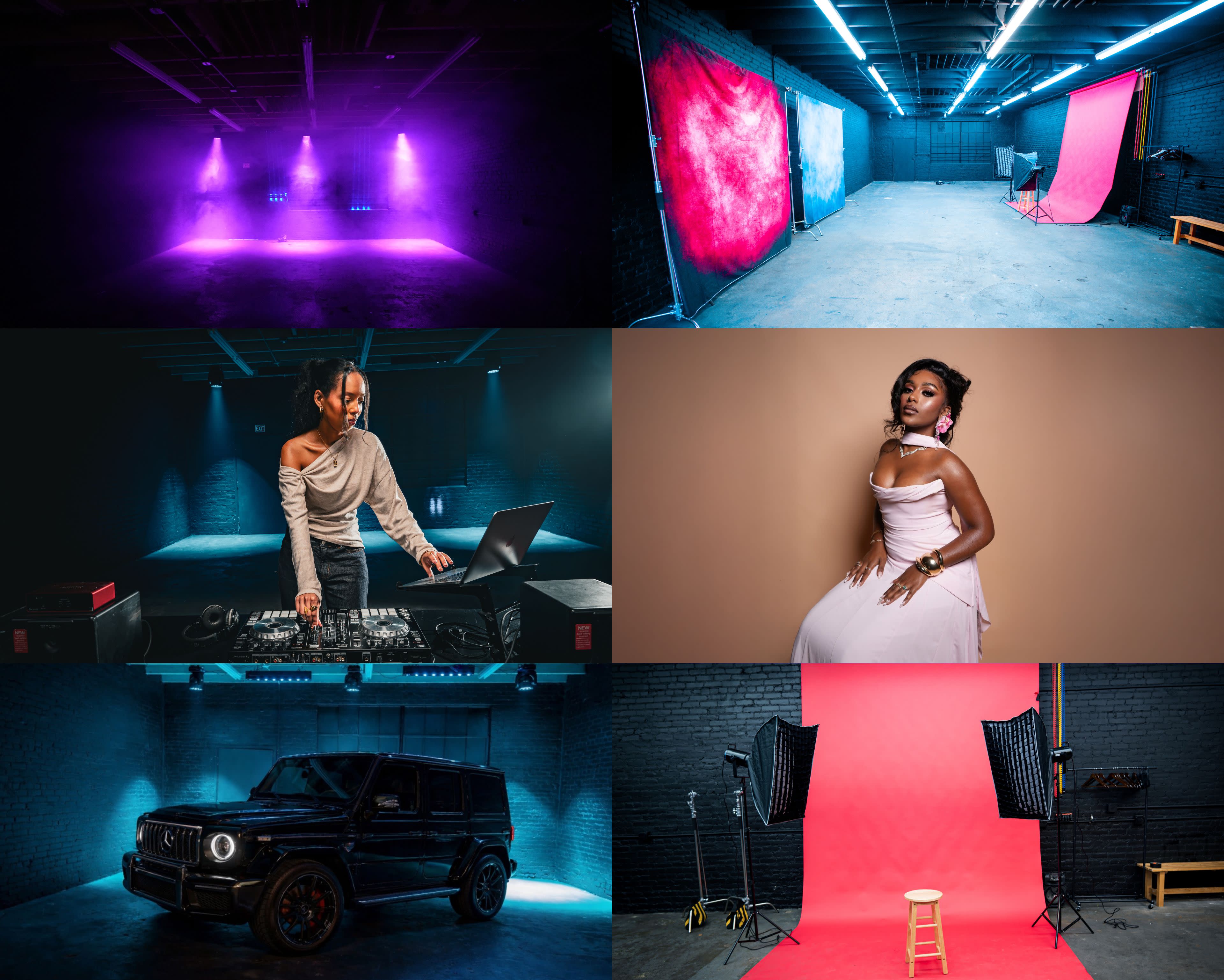 The image shows a collage of six scenes, including a brightly lit photo studio, a female DJ mixing music, a woman in an elegant gown, and a luxury SUV parked in a photography setup with studio lighting.