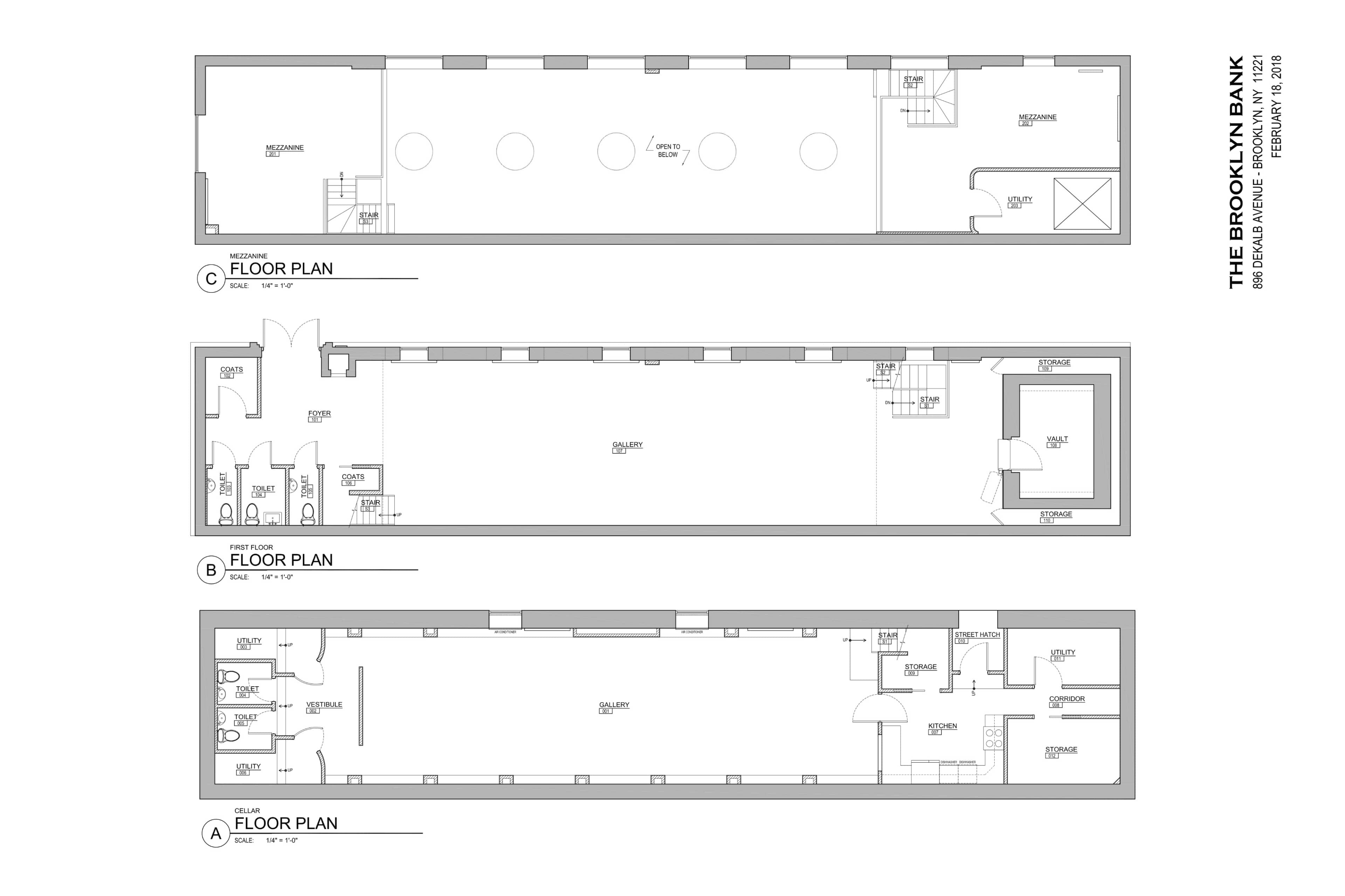 A detailed architectural floor plan of The Brooklyn Bank, consisting of three separate levels with room dimensions and layout specifications.