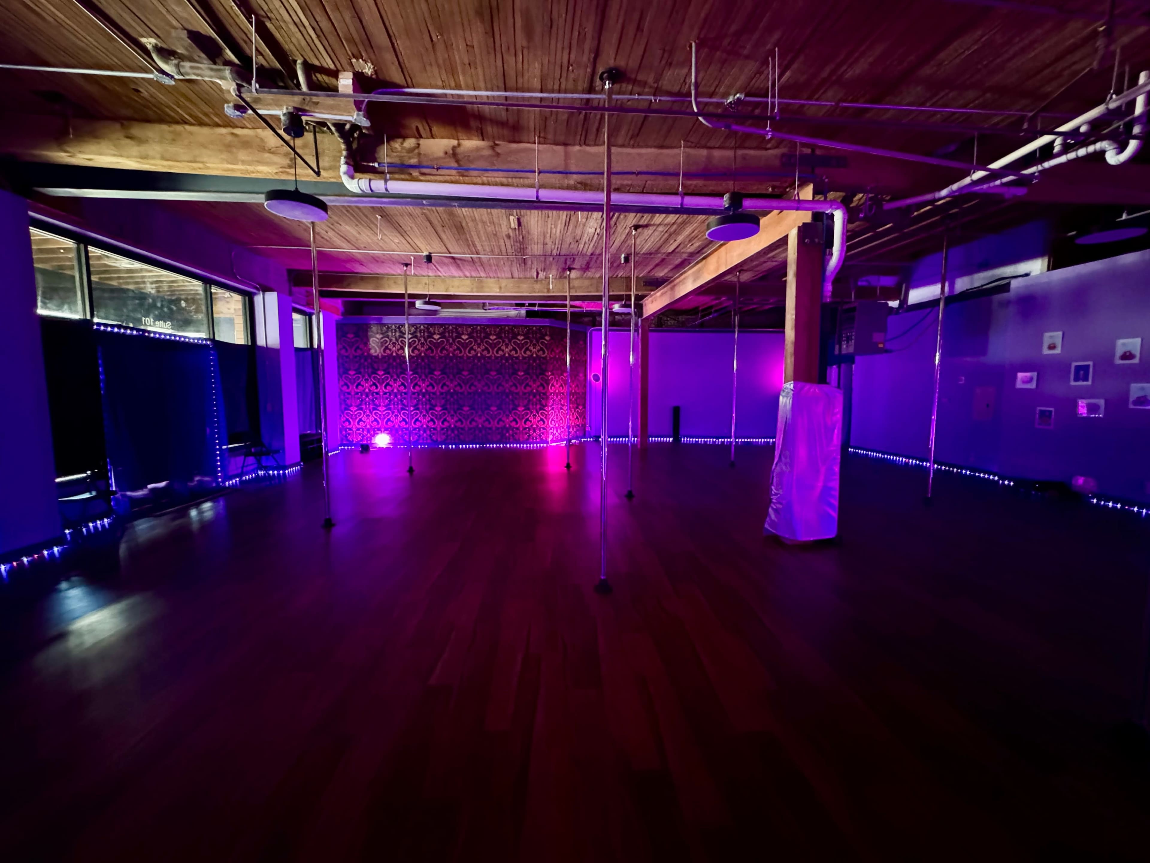 The interior of a dimly lit dance studio features several tall poles and a backdrop with patterned wallpaper illuminated by purple and pink lights.