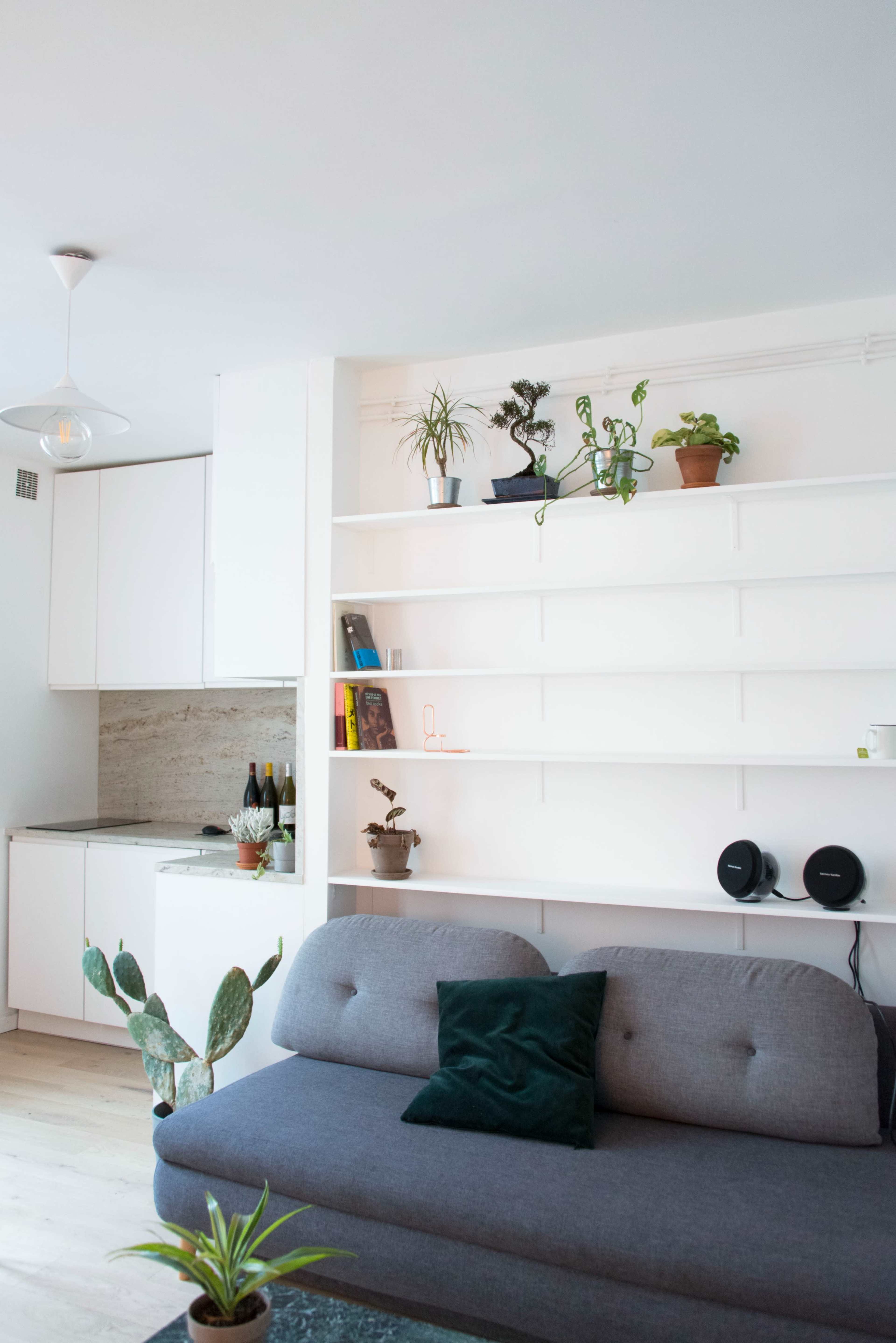 The image shows a modern living area with a gray sofa, minimalist shelving filled with plants and books, and a kitchen area in the background.