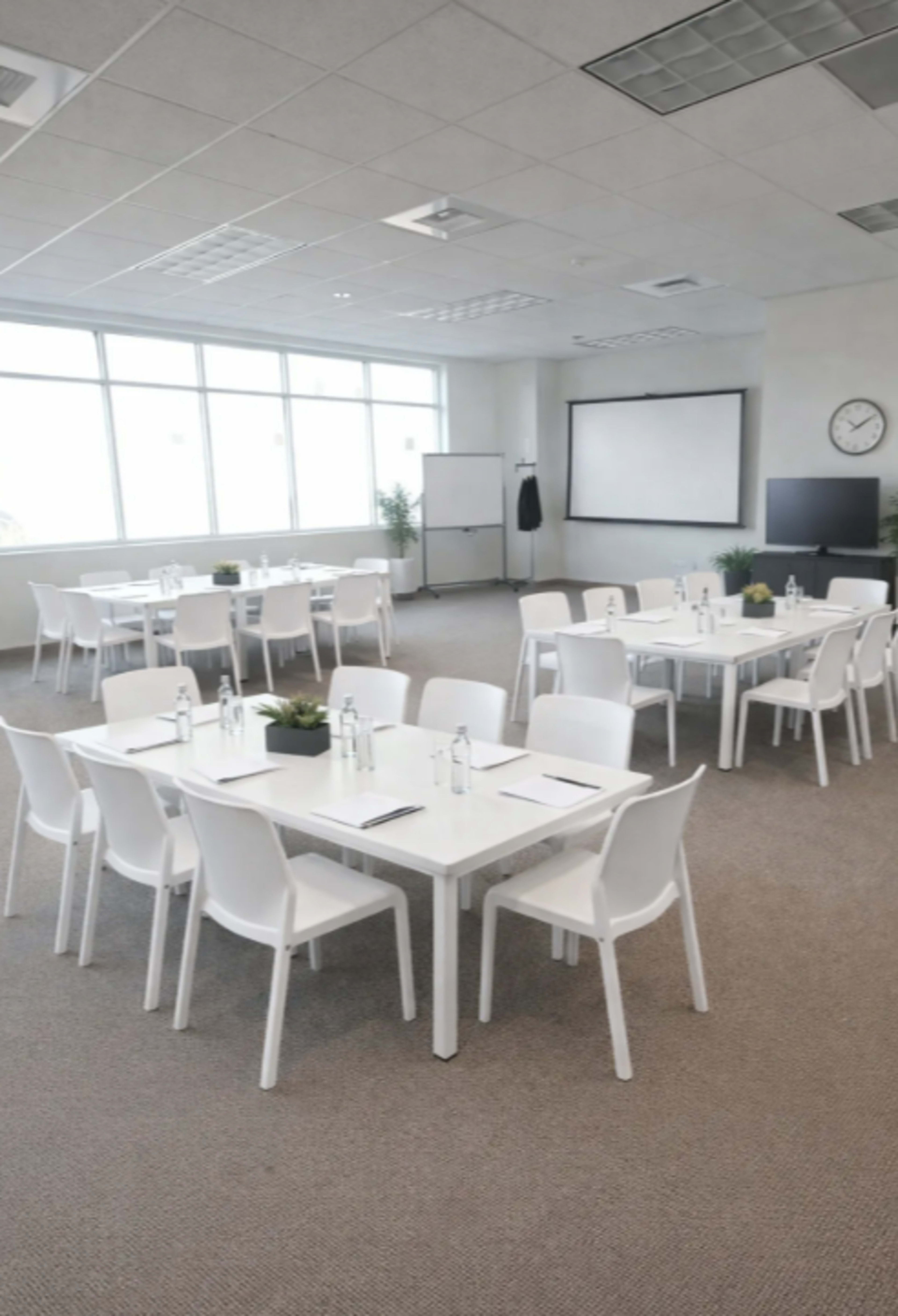 The image shows a modern conference room set up with multiple white tables and chairs, featuring large windows and a wall-mounted screen.