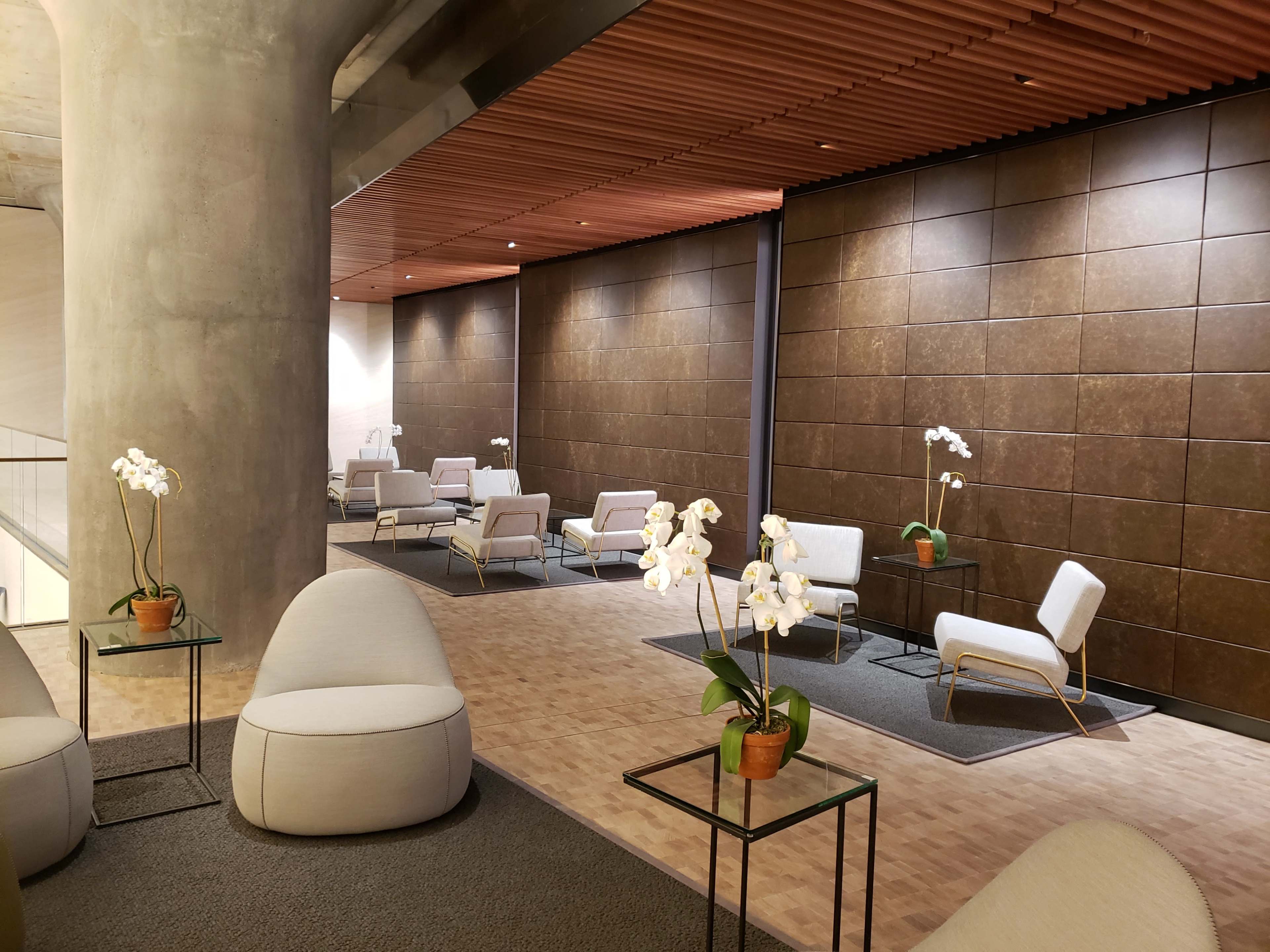 The image shows a modern lounge area with beige seating, glass tables, and potted orchids against a backdrop of textured brown walls.