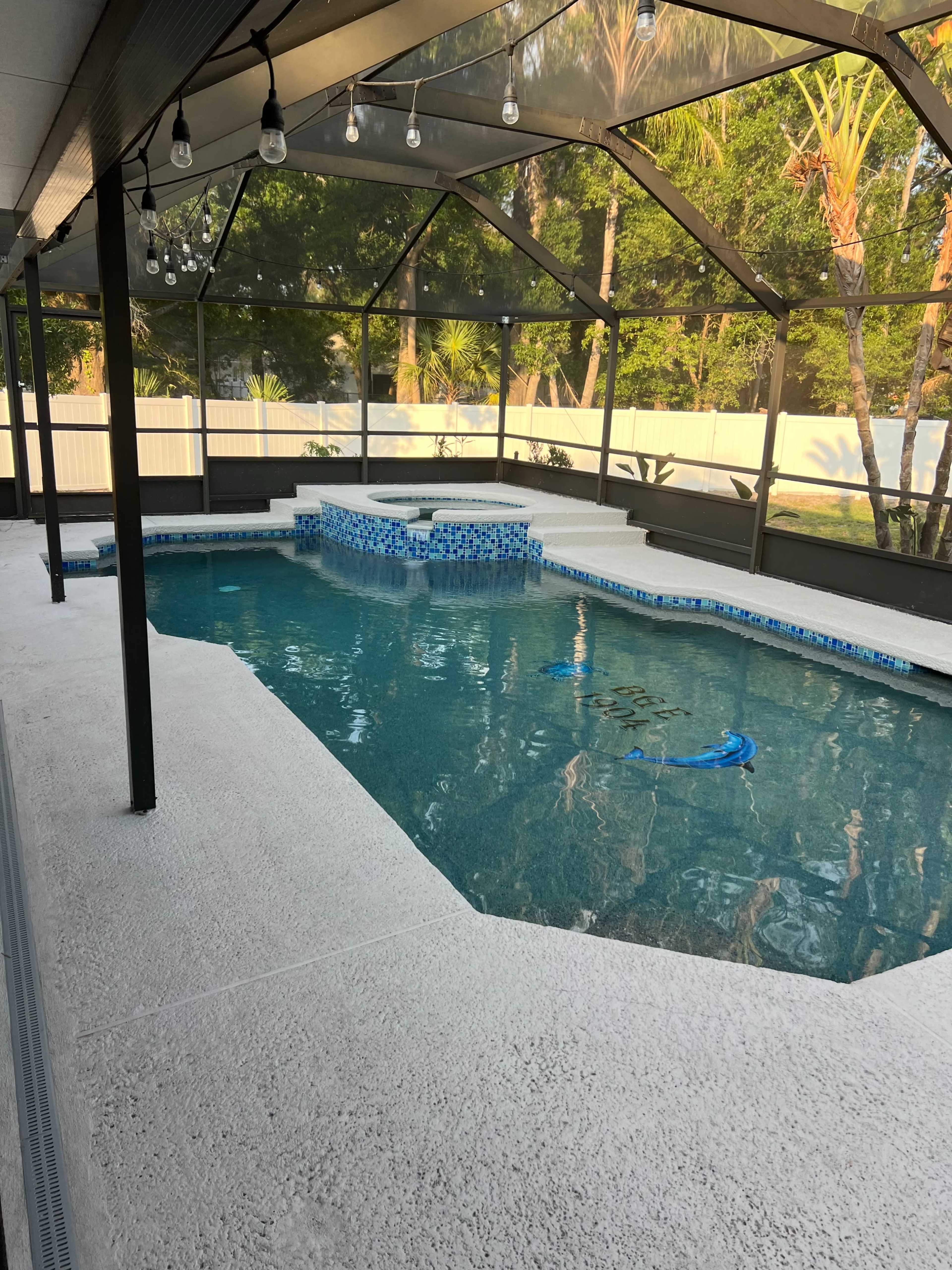 A screened-in swimming pool area featuring a blue-tiled spa and white deck surrounded by lush greenery.