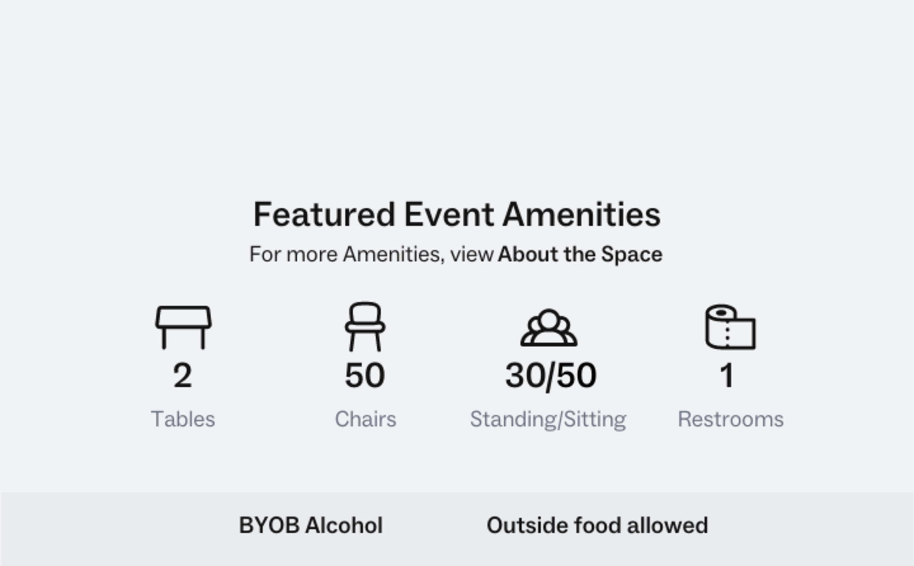 Details about event amenities, including 2 tables, 50 chairs, a capacity for 30/50 people for standing or sitting, and 1 restroom.