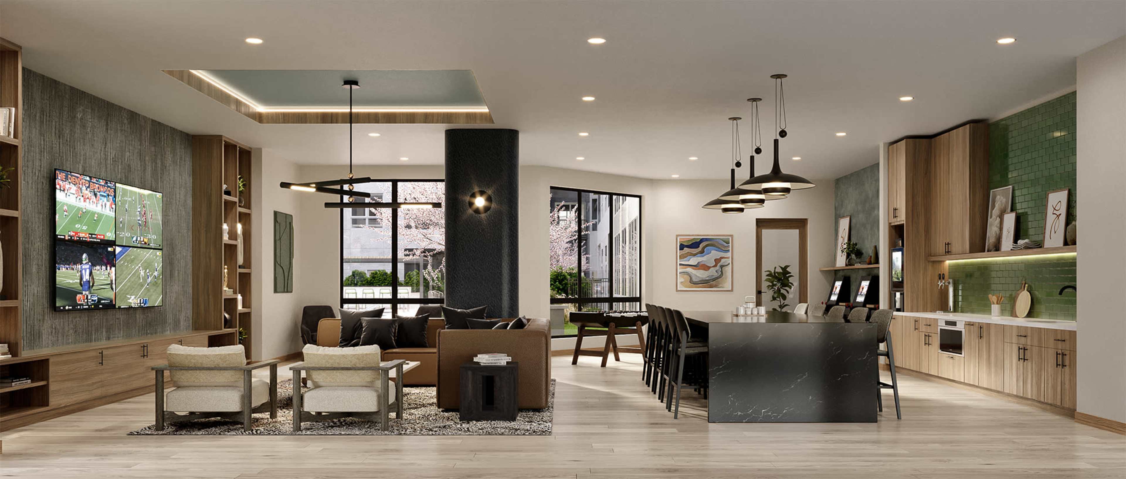 The image shows a modern open-concept living space featuring a kitchen, dining area, and a cozy seating arrangement with large windows.