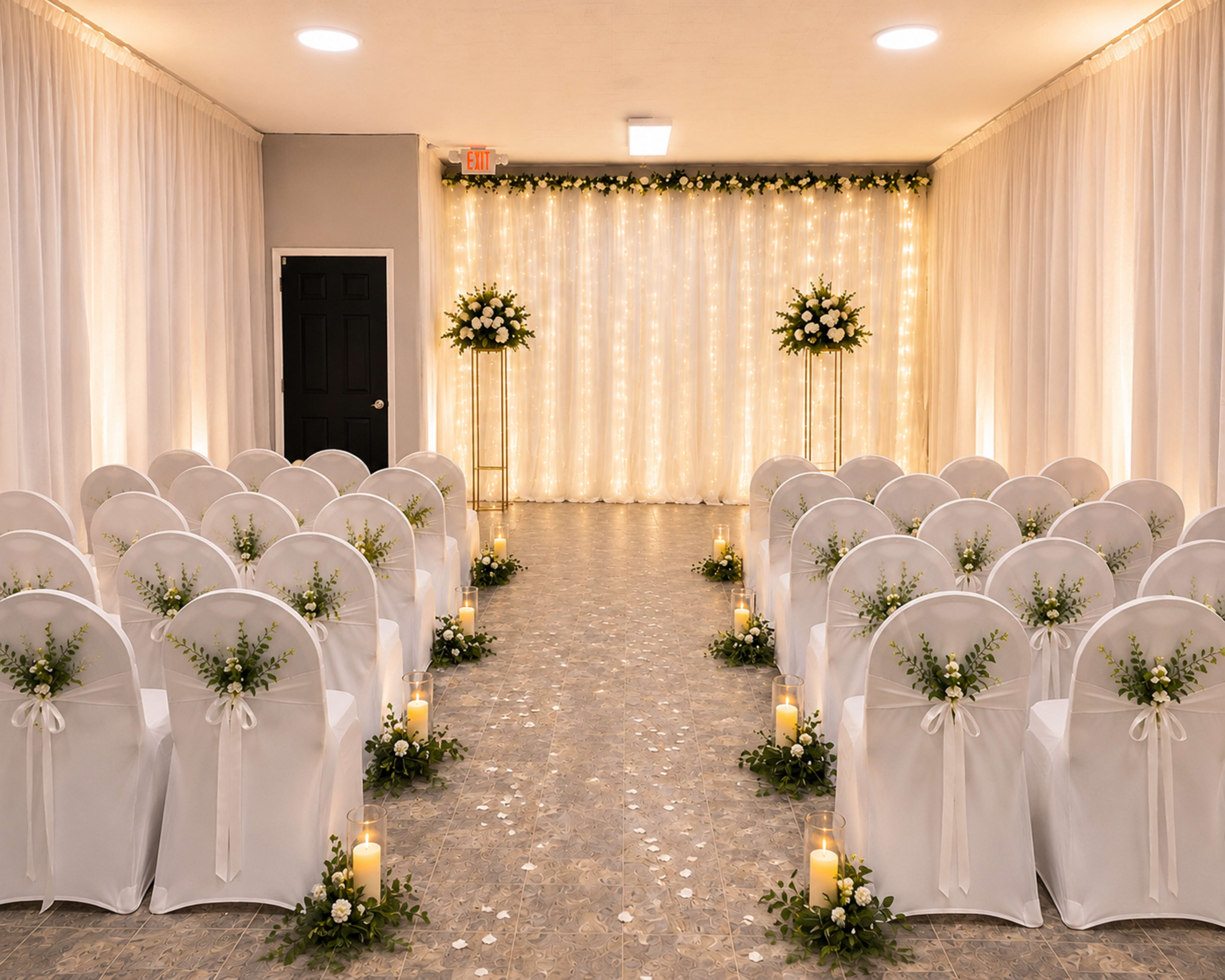 A wedding venue features neatly arranged white chairs adorned with bows, flanking a floral-decorated backdrop with soft lighting and candles along a flower-strewn aisle.