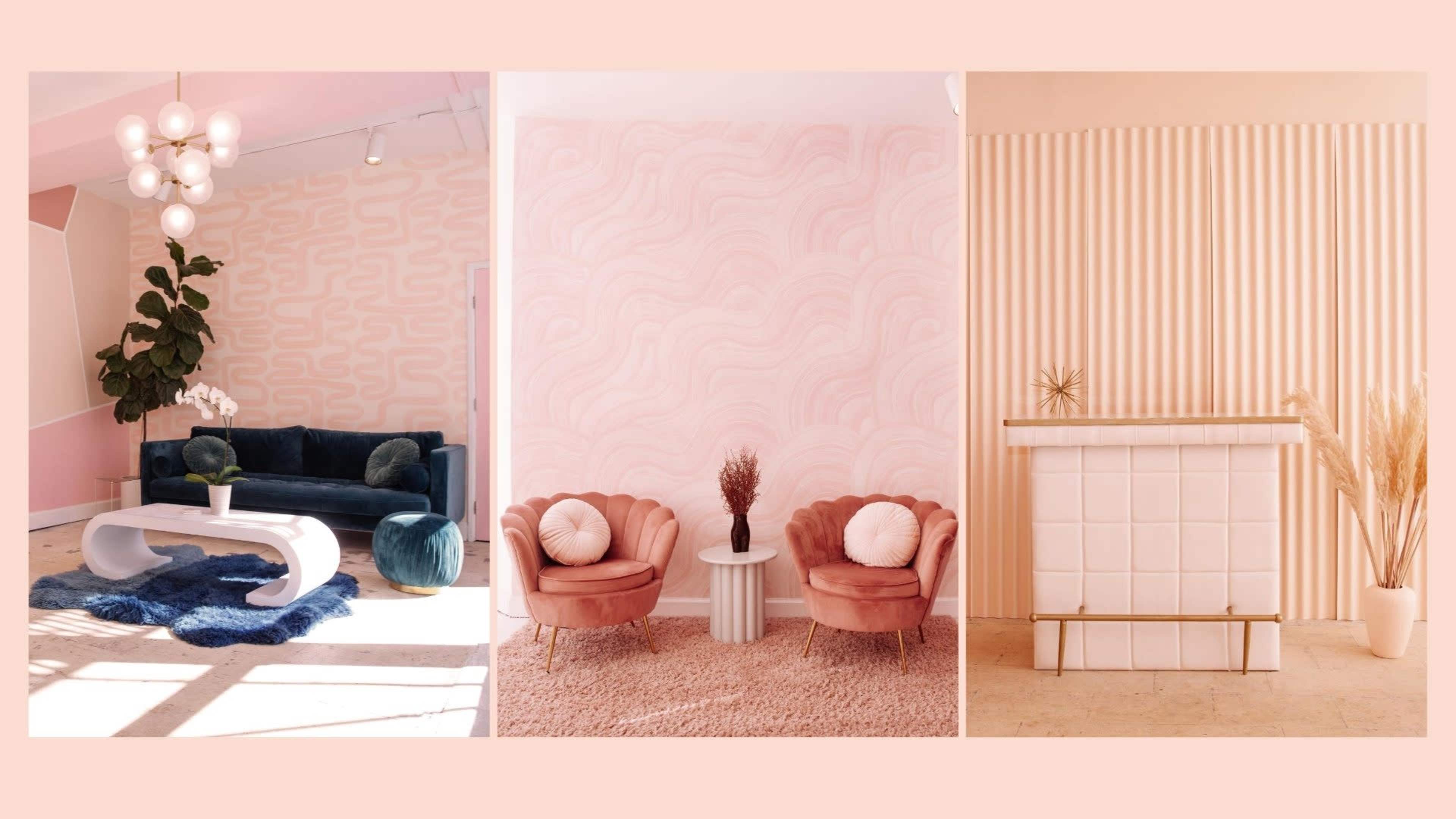Three distinct interior spaces with soft pastel colors, featuring a living area with a velvet sofa, two armchairs, and a decorative bar.