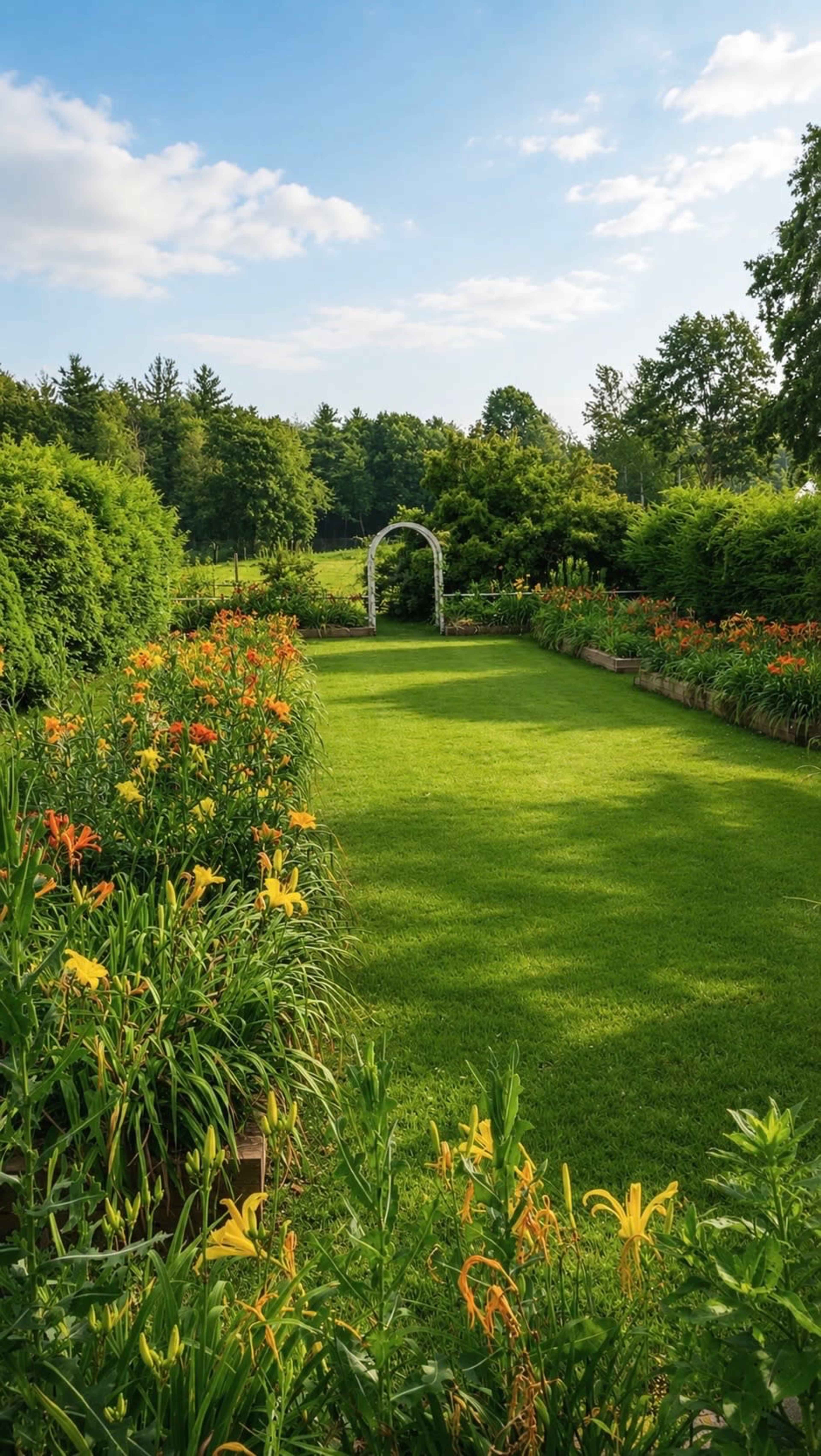 A well-maintained garden features a lush green lawn bordered by vibrant flowers and a white arch in the distance.