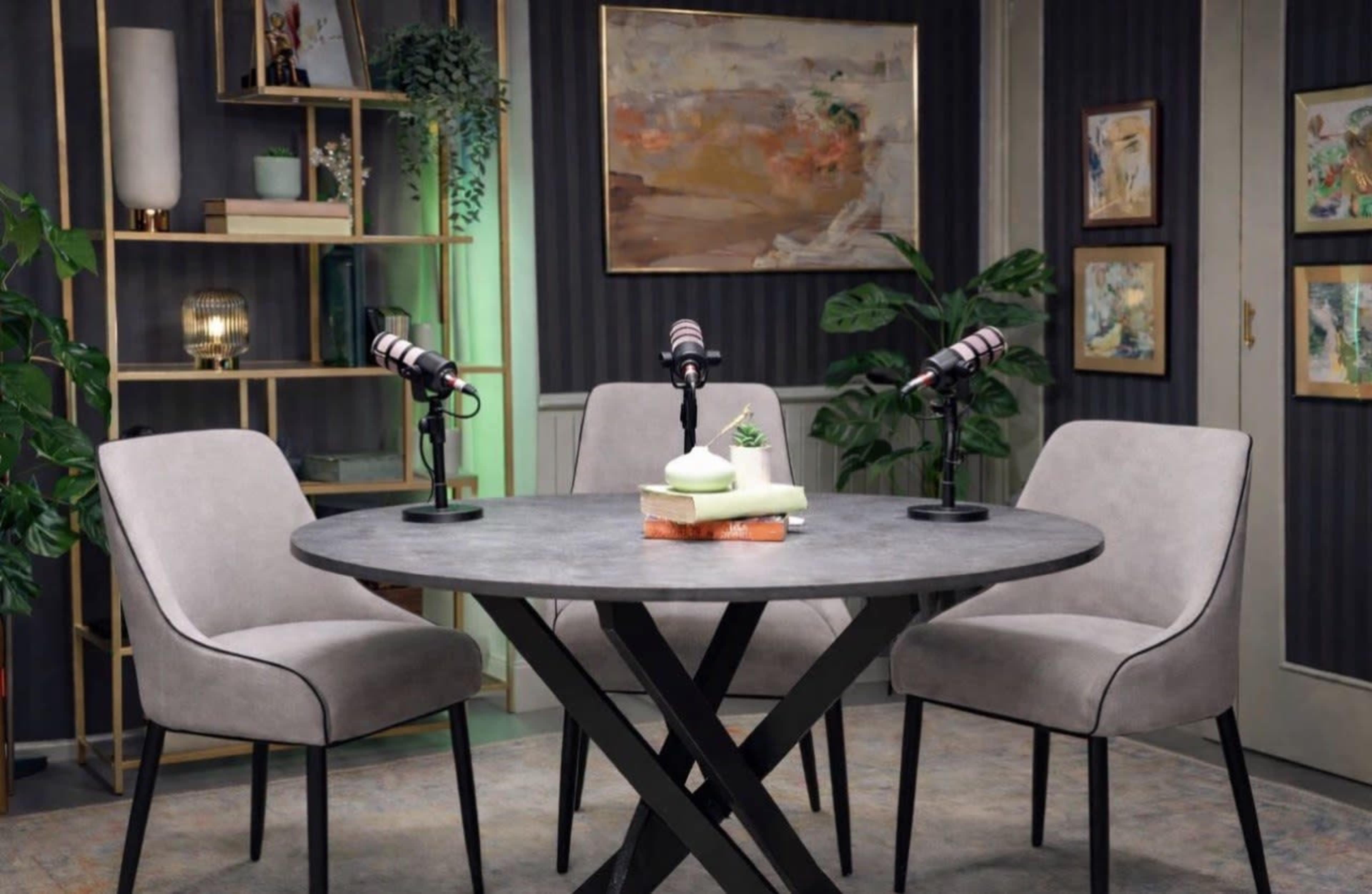 A round table with three chairs and two microphones set up in a well-decorated room featuring plants and artwork on the walls.