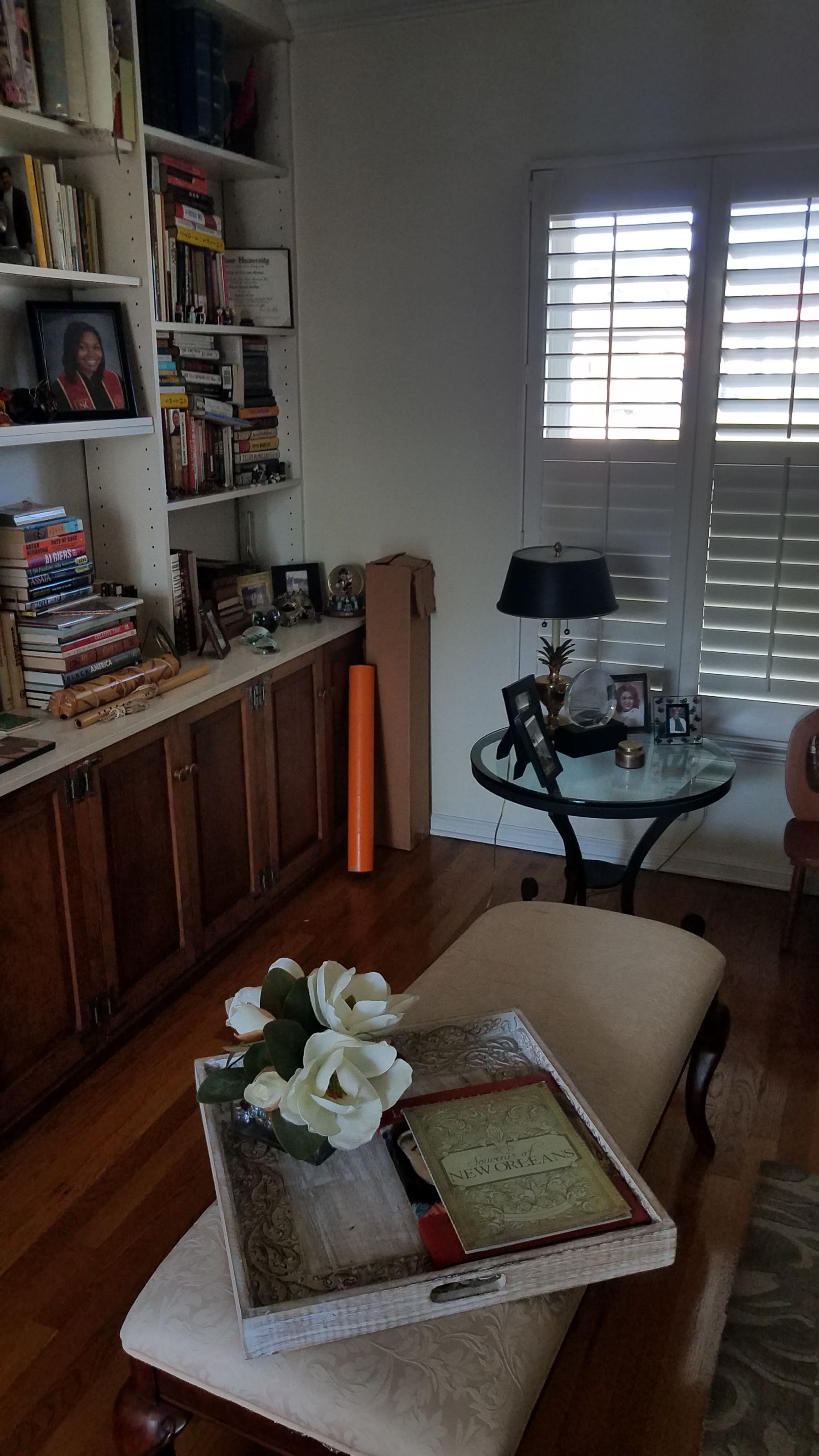 A cozy room features a bookshelf filled with books, a coffee table with a decorative tray and flowers, and a window with plantation shutters.