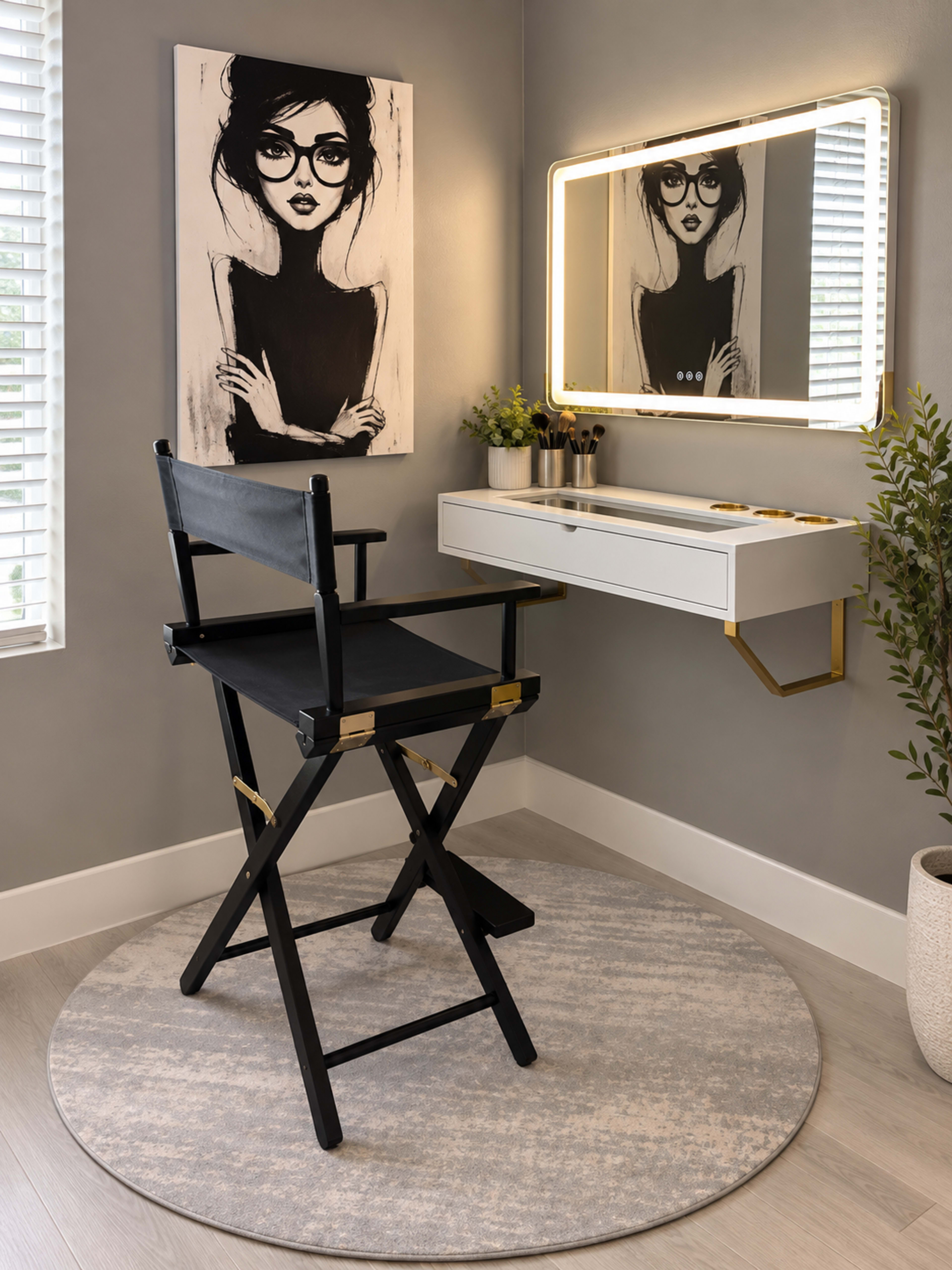 The image features a makeup vanity area with a director's chair, a wall-mounted mirror with built-in lighting, and a portrait of a woman in glasses on the adjacent wall.