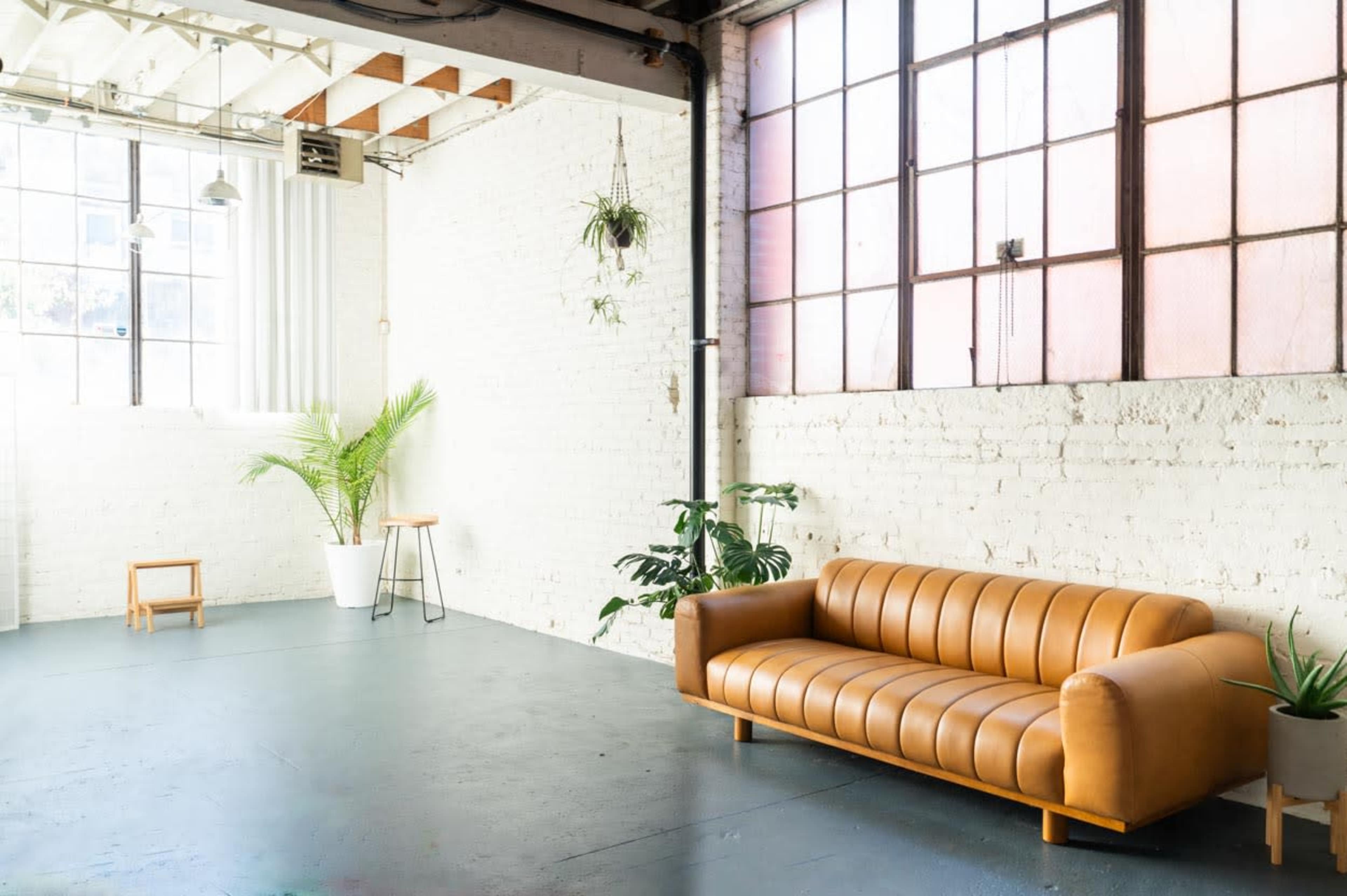 A bright interior space featuring a brown leather sofa, potted plants, and large windows with metal frames.