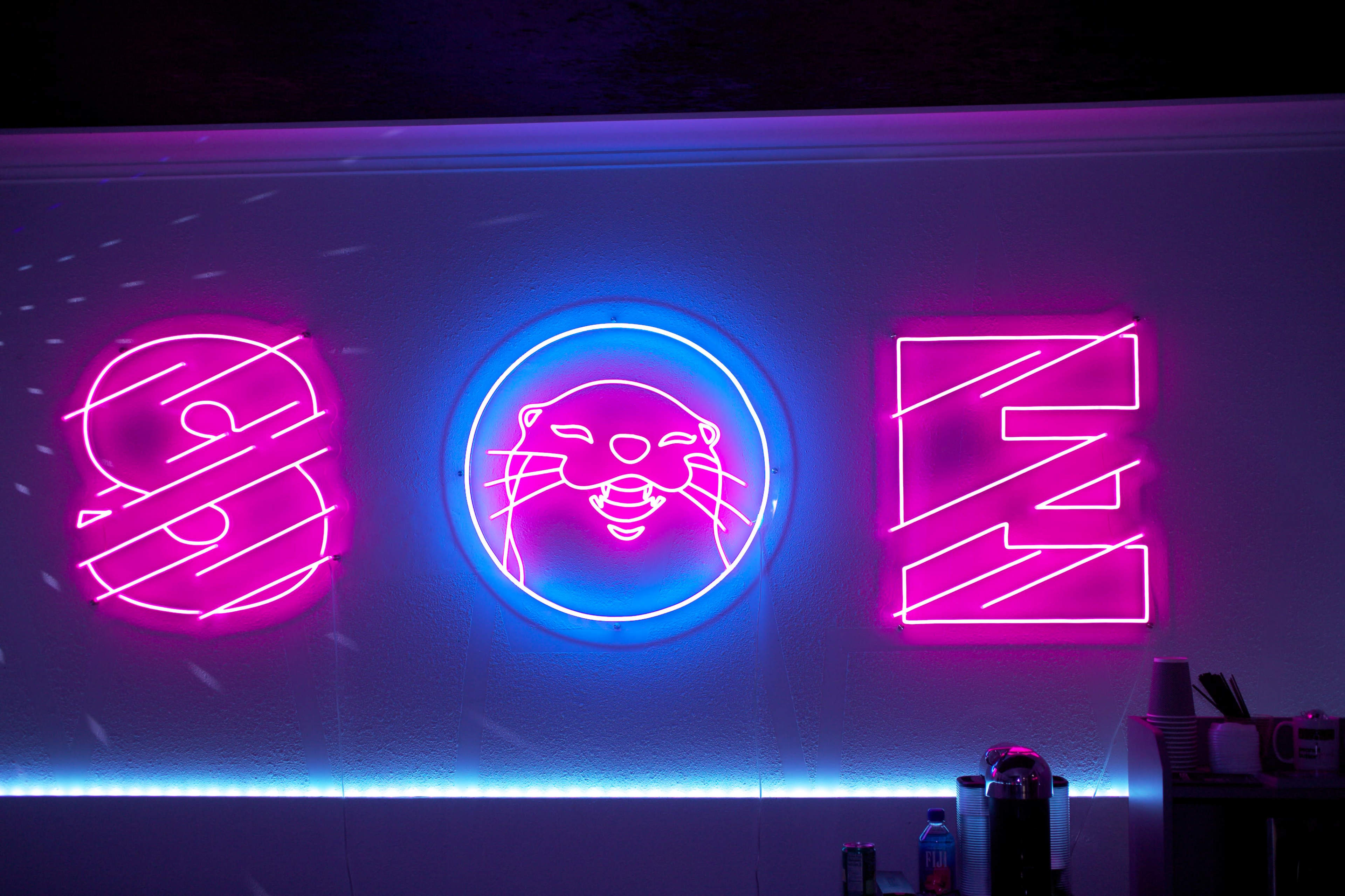 The image features three neon signs on a wall, with the letters "S," an illustration of an otter, and "E" in pink and blue hues.