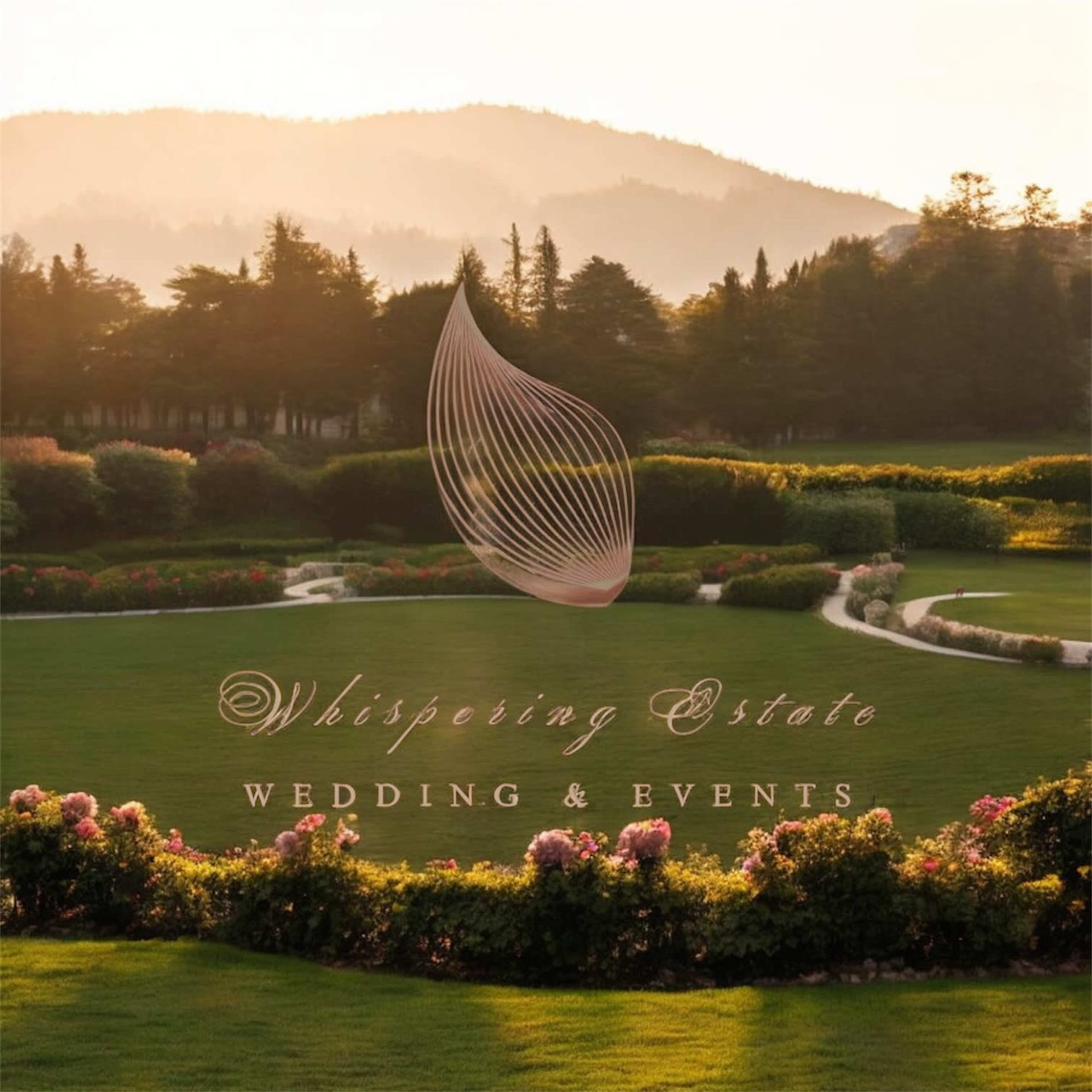 The image features a picturesque landscape of a manicured garden at Whispering Estate, with rolling hills in the background and an elegant logo for wedding and events prominently displayed.