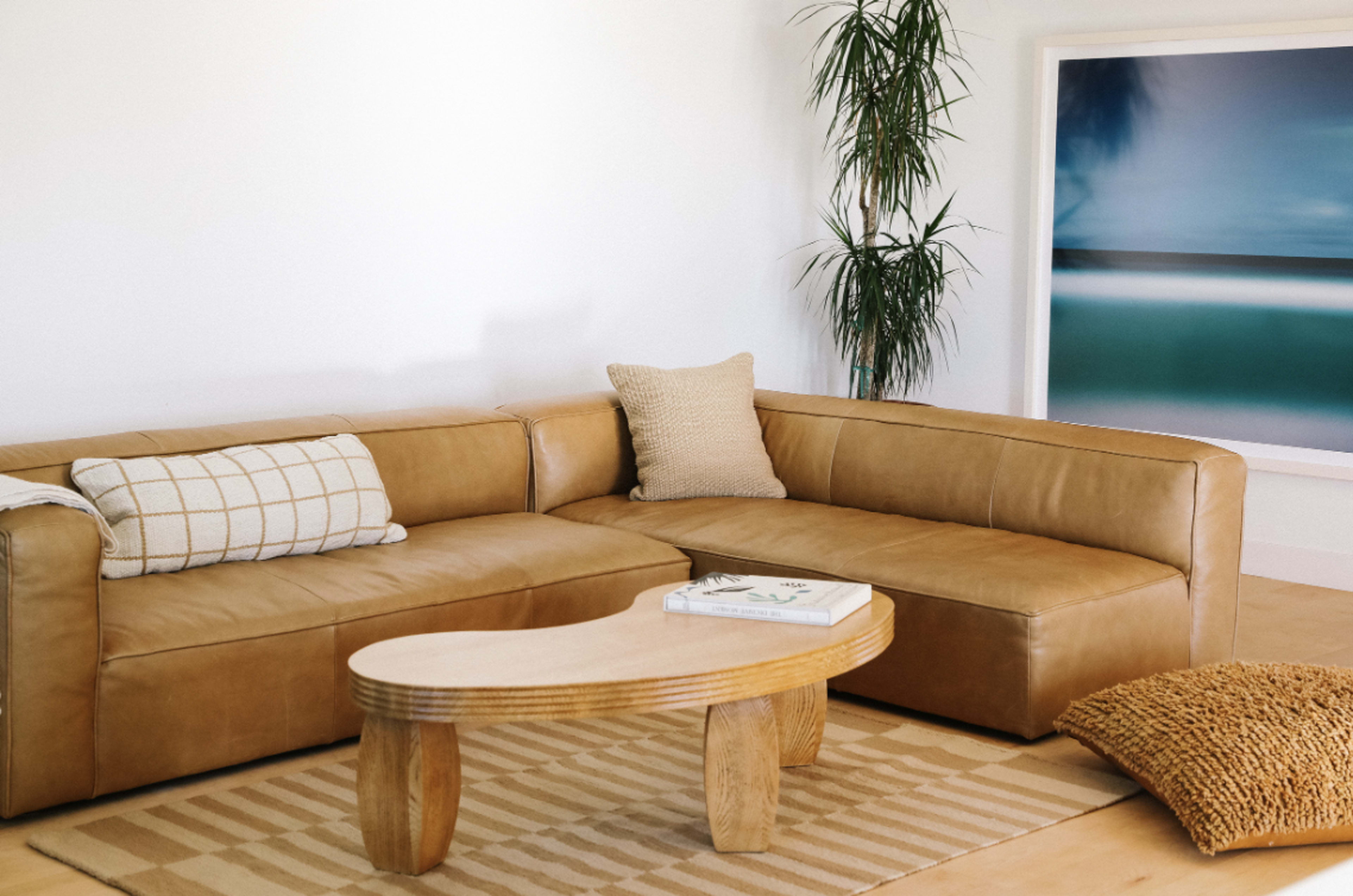 The image shows a modern living room featuring a brown leather sectional sofa, a wooden coffee table with curved edges, a decorative pillow, and a large piece of wall art alongside a potted plant.