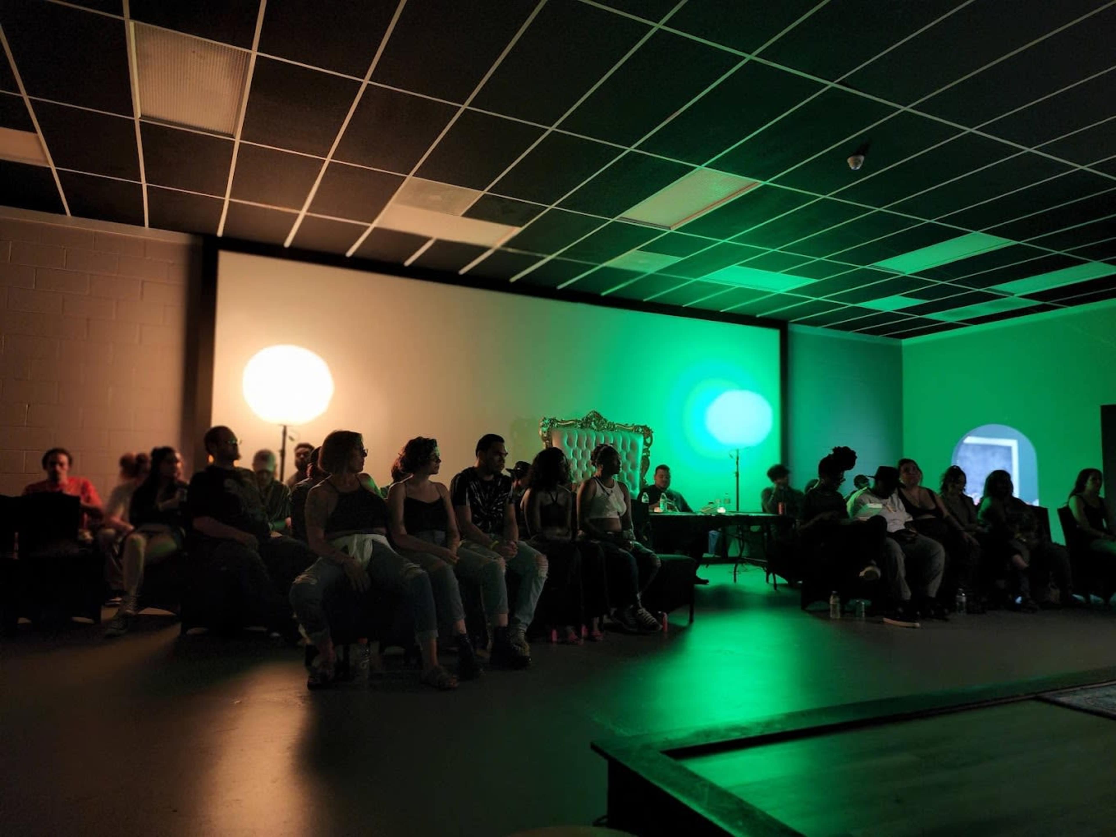 A group of people is seated in a dimly lit room with green and white lights, facing a central seating area.