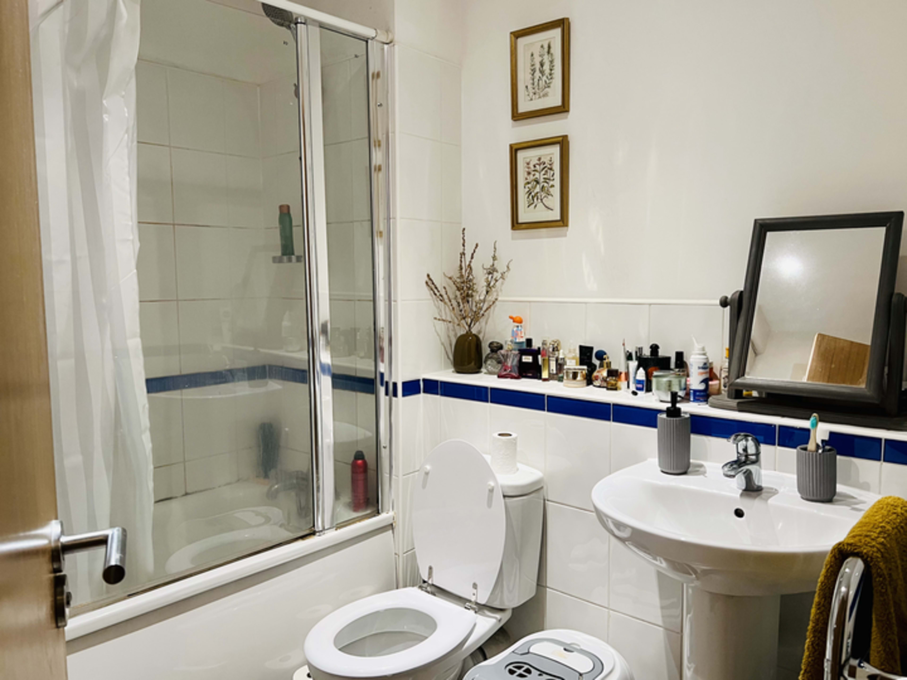 A small bathroom features a shower with a glass door, a toilet, and a sink, alongside shelves displaying various toiletries and decor.