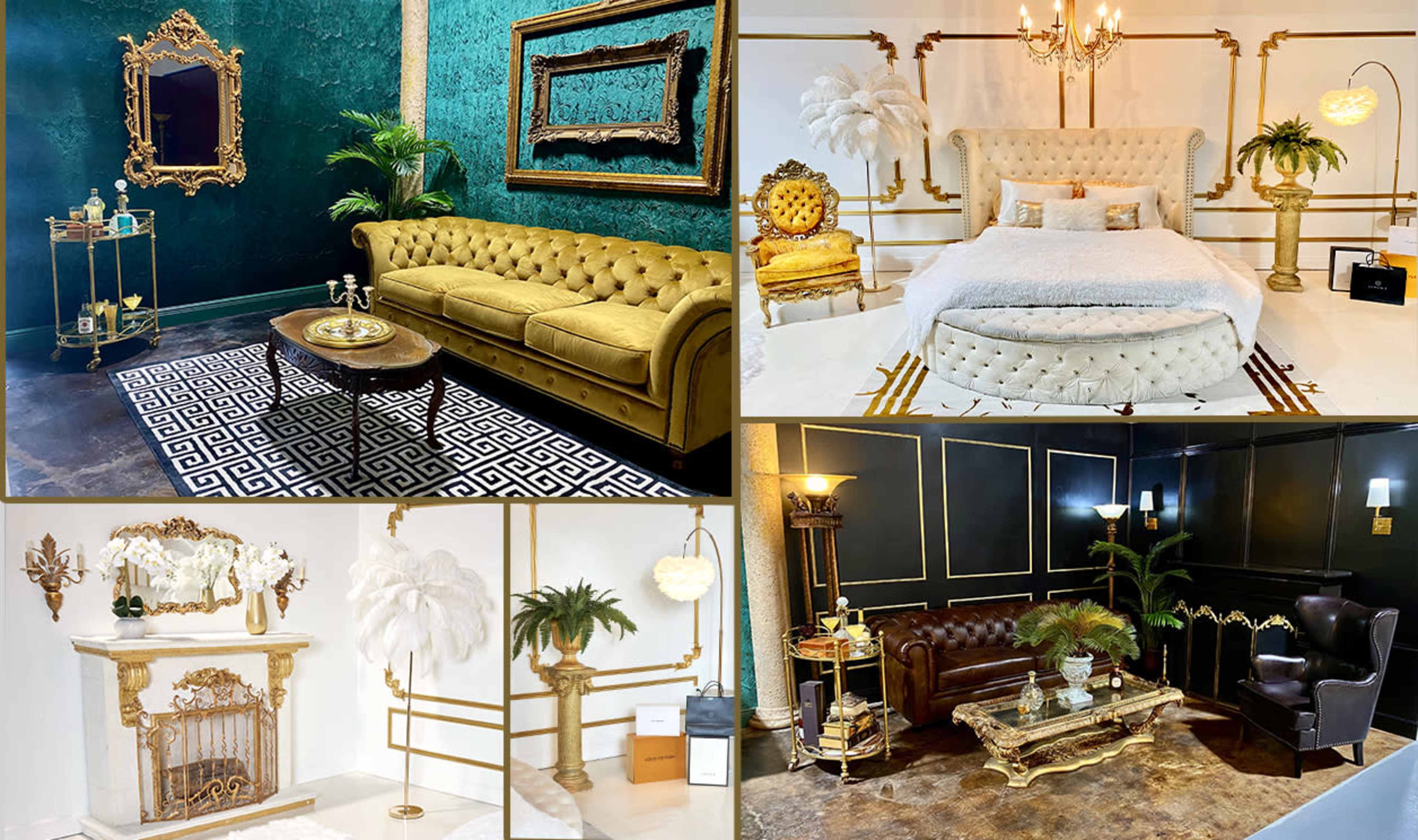 A collection of elegantly designed interior spaces showcasing luxurious furnishings, including a velvet sofa, a plush bed, and decorative gold accents.