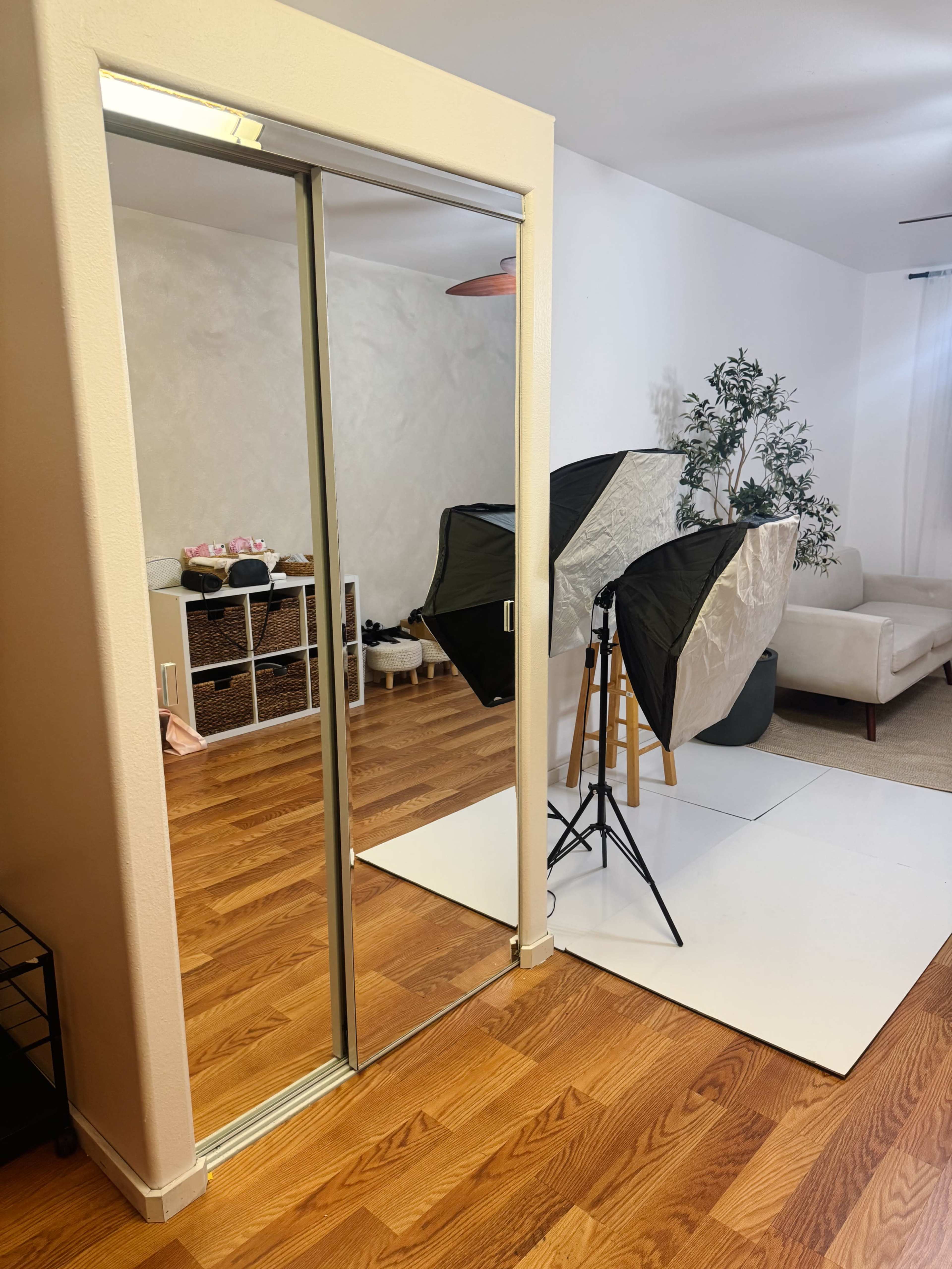 The image shows a room featuring a mirrored closet door, a photography light setup, and a light-colored area rug on wooden flooring.