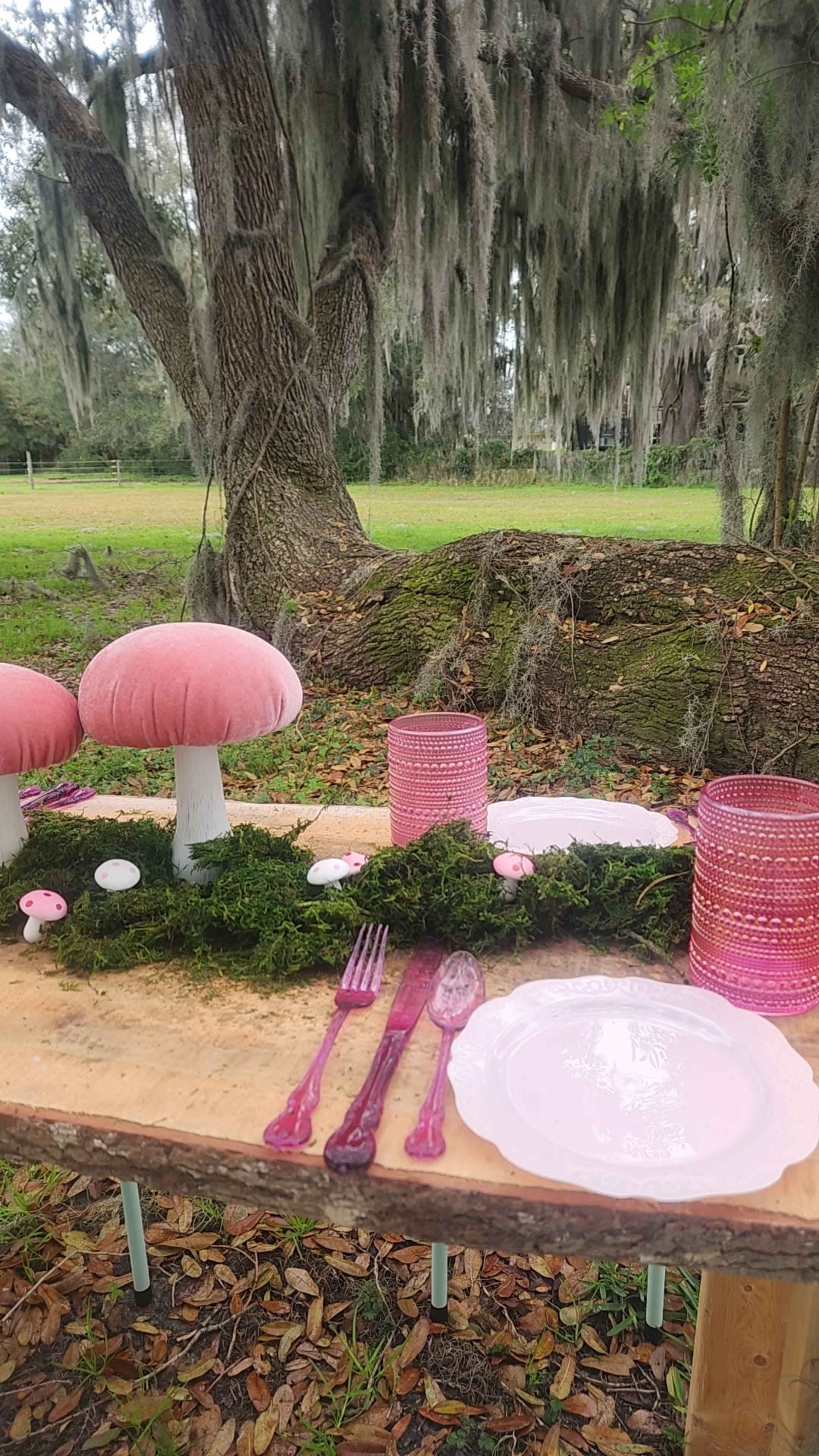 A table is set outdoors with pink mushroom-shaped decorations, pink glassware, and moss, surrounded by trees draped in Spanish moss.