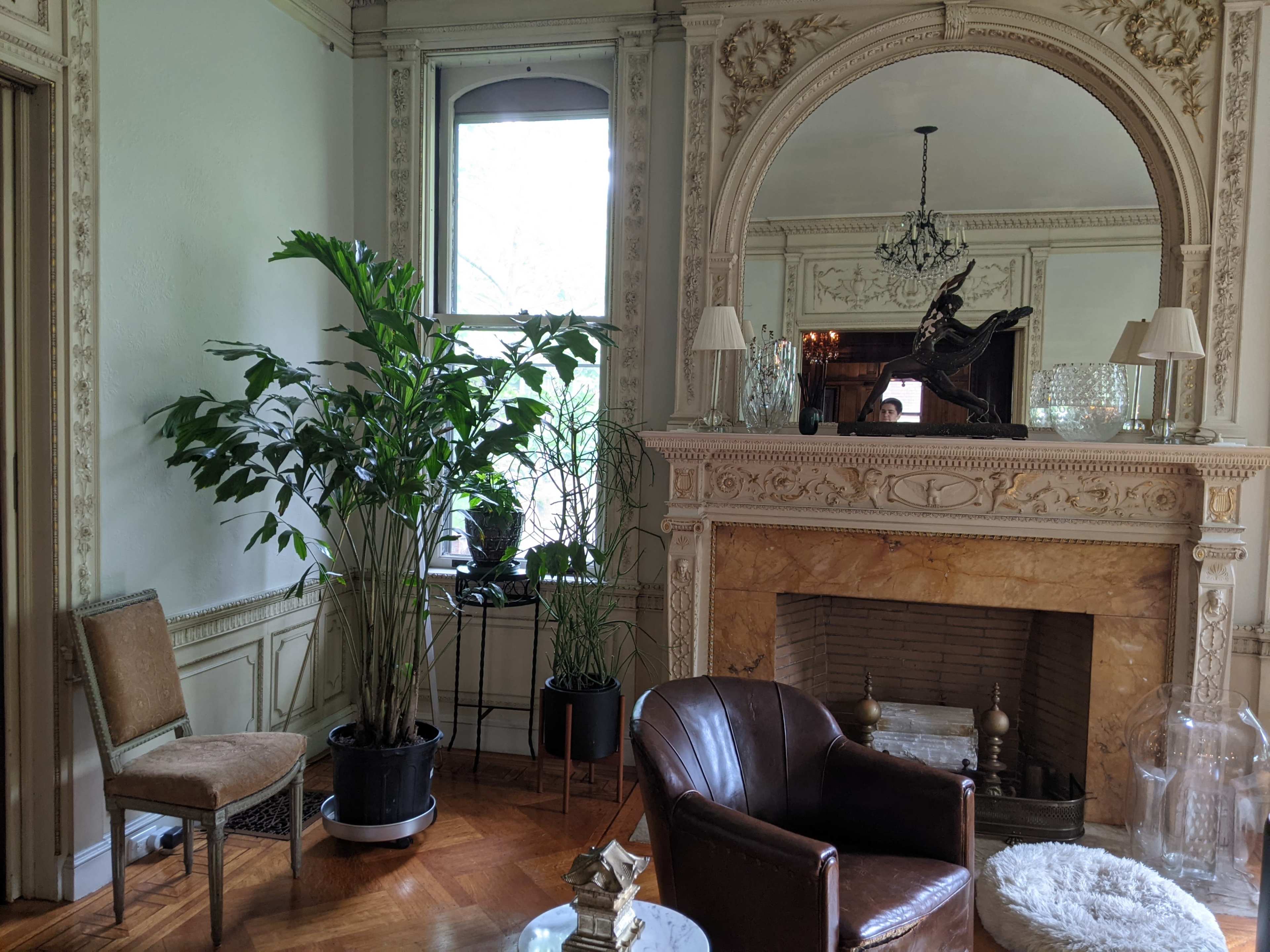 A well-decorated living room featuring a large mirror above a marble fireplace, several plants, a brown leather armchair, and a vintage-style chair.