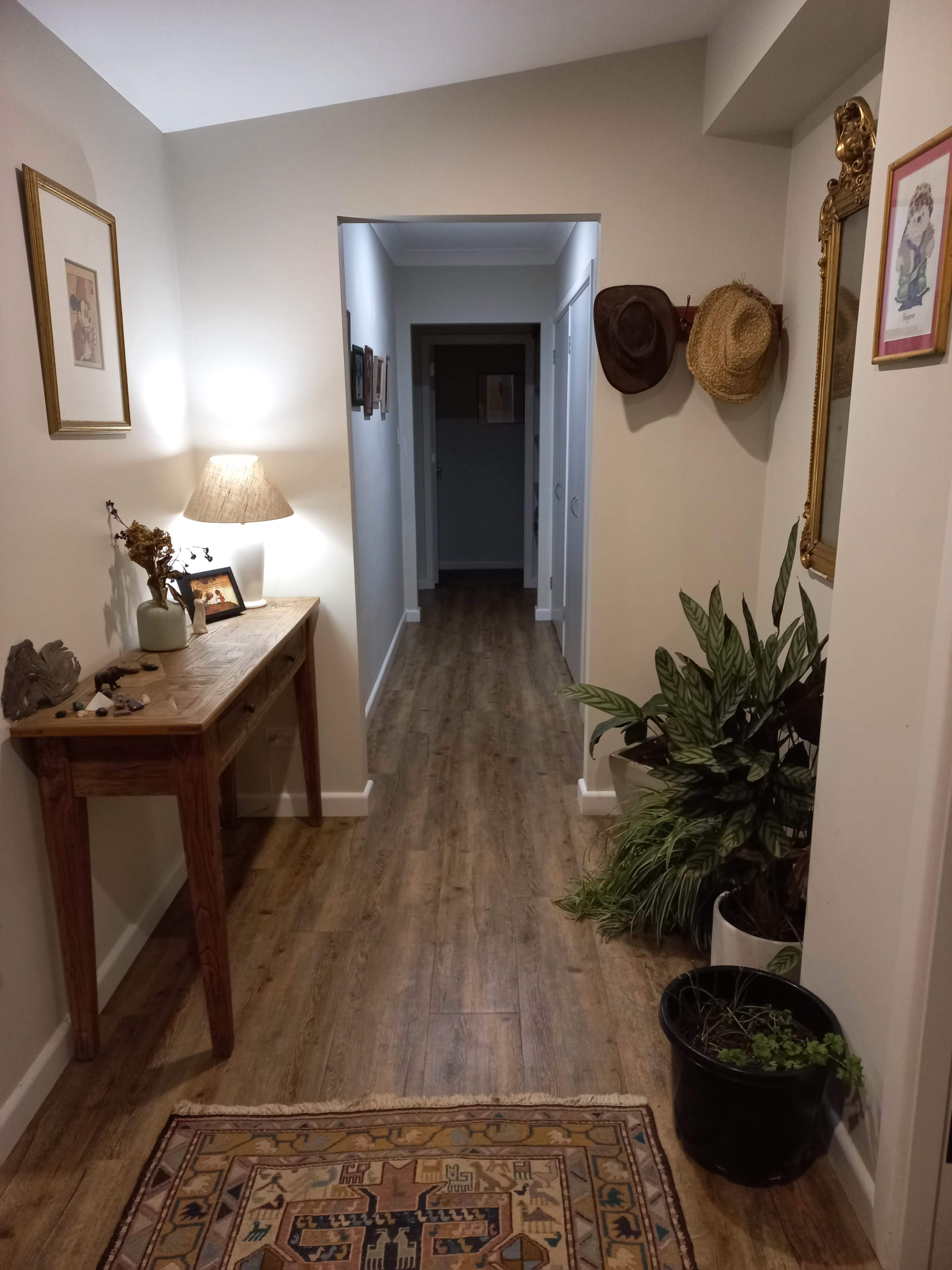 A well-lit hallway features a wooden table with a lamp, framed artwork on the walls, and potted plants along the floor.