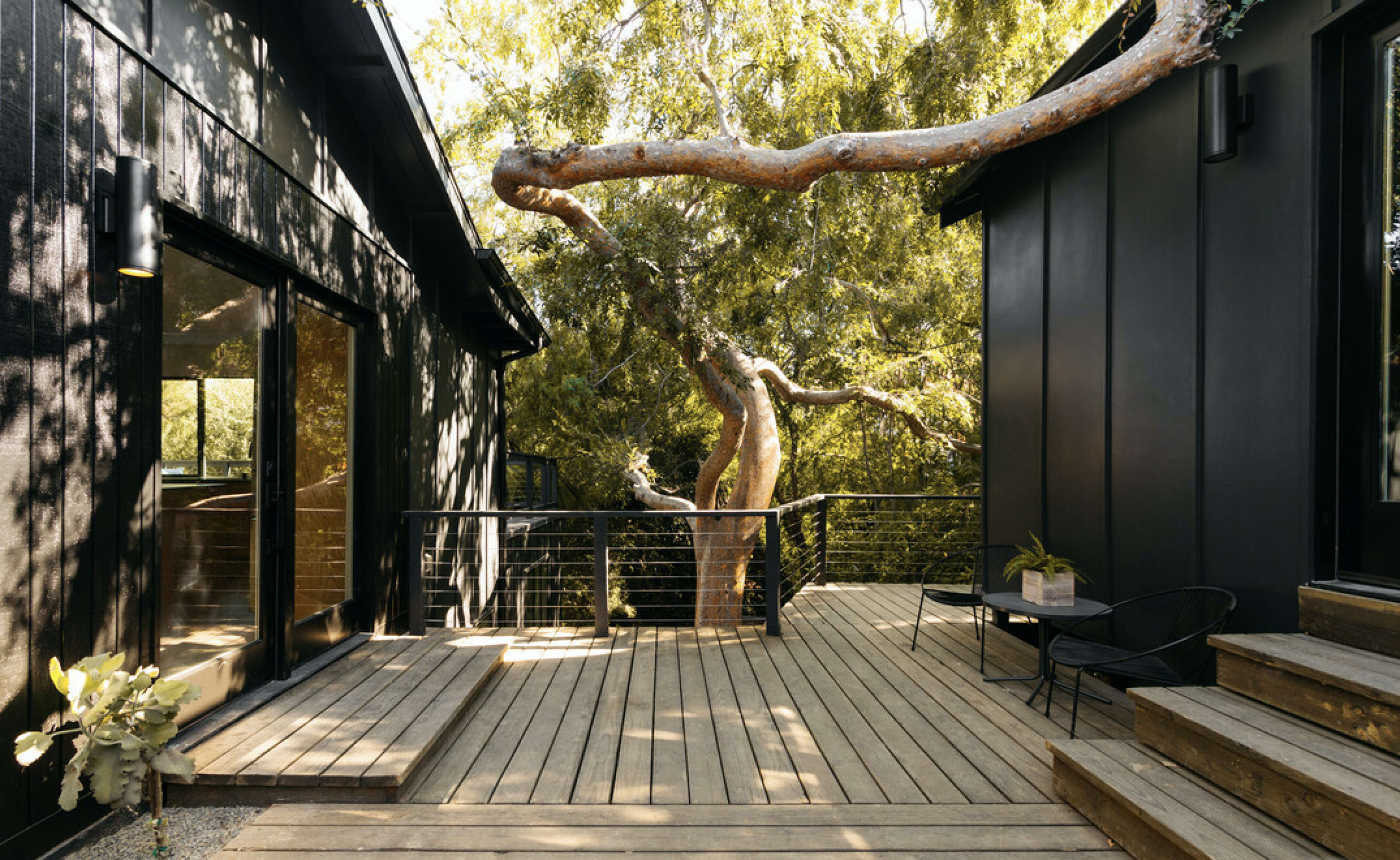 The image shows a wooden deck surrounded by two black buildings, featuring an overhanging tree branch and a railing.