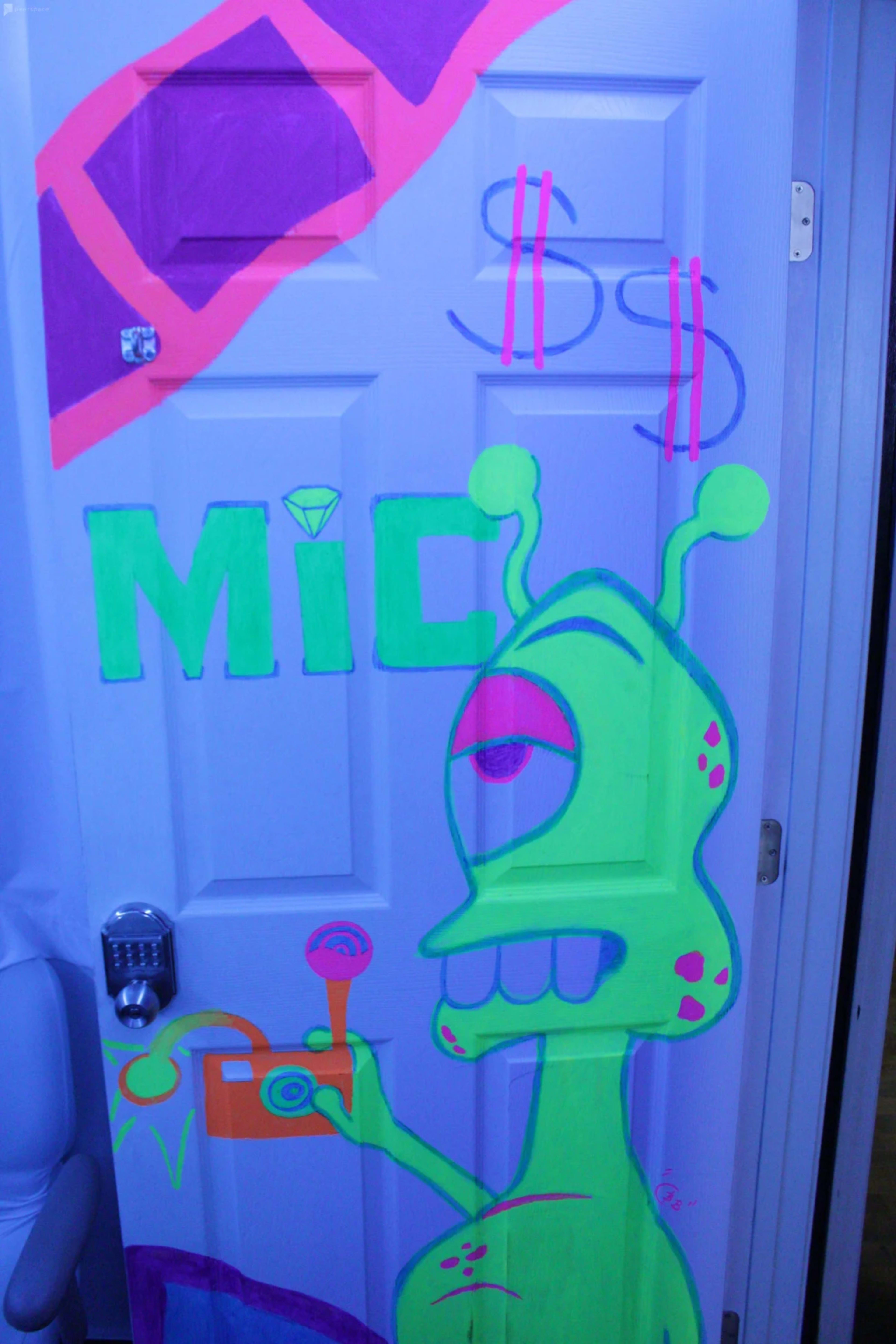 A painted door featuring a bright green alien character holding a camera and the words "MIC" and "$5" in bold, colorful letters.