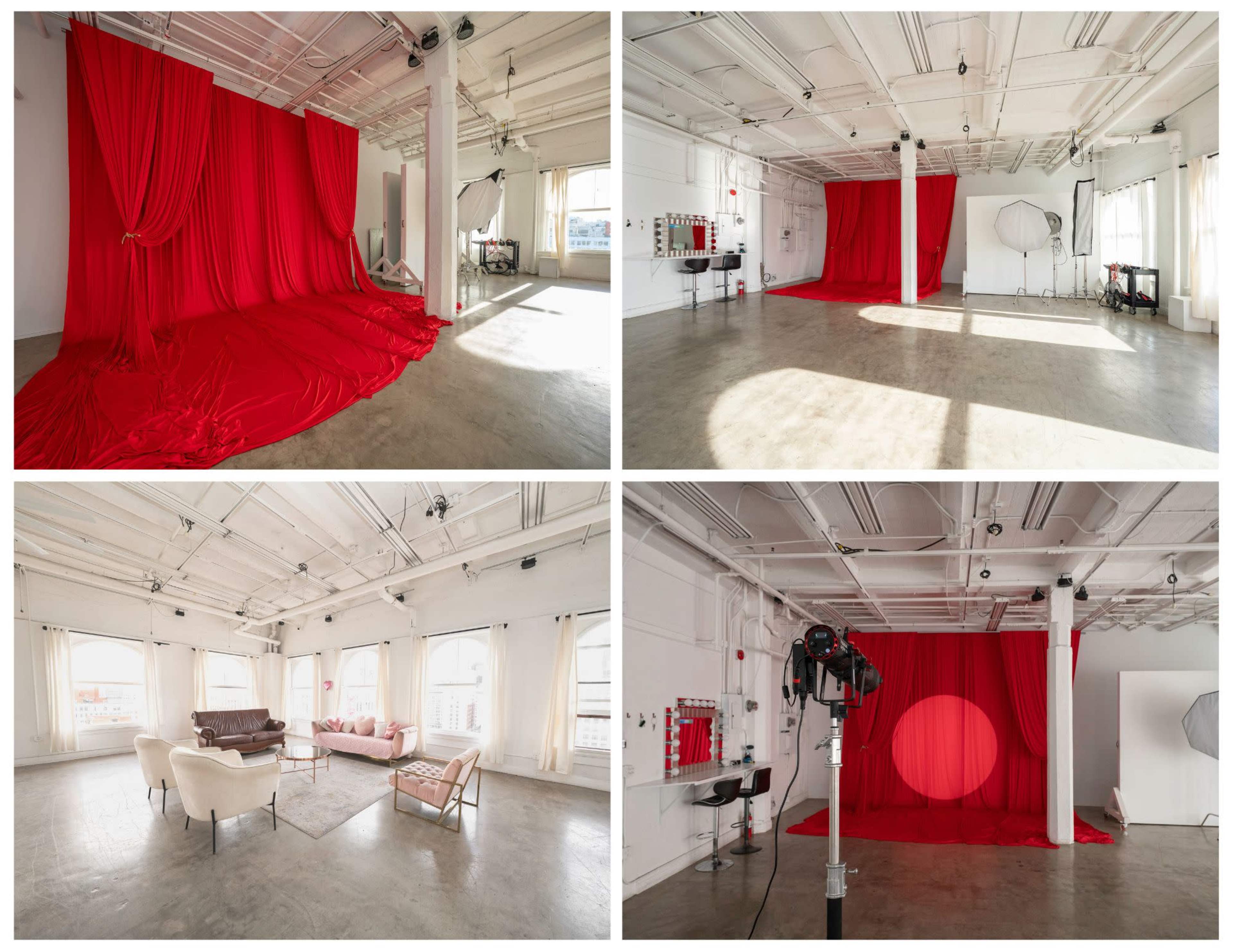The image shows a spacious, brightly lit studio with red fabric draped in different arrangements across four sections, alongside furnishings and equipment for photography.