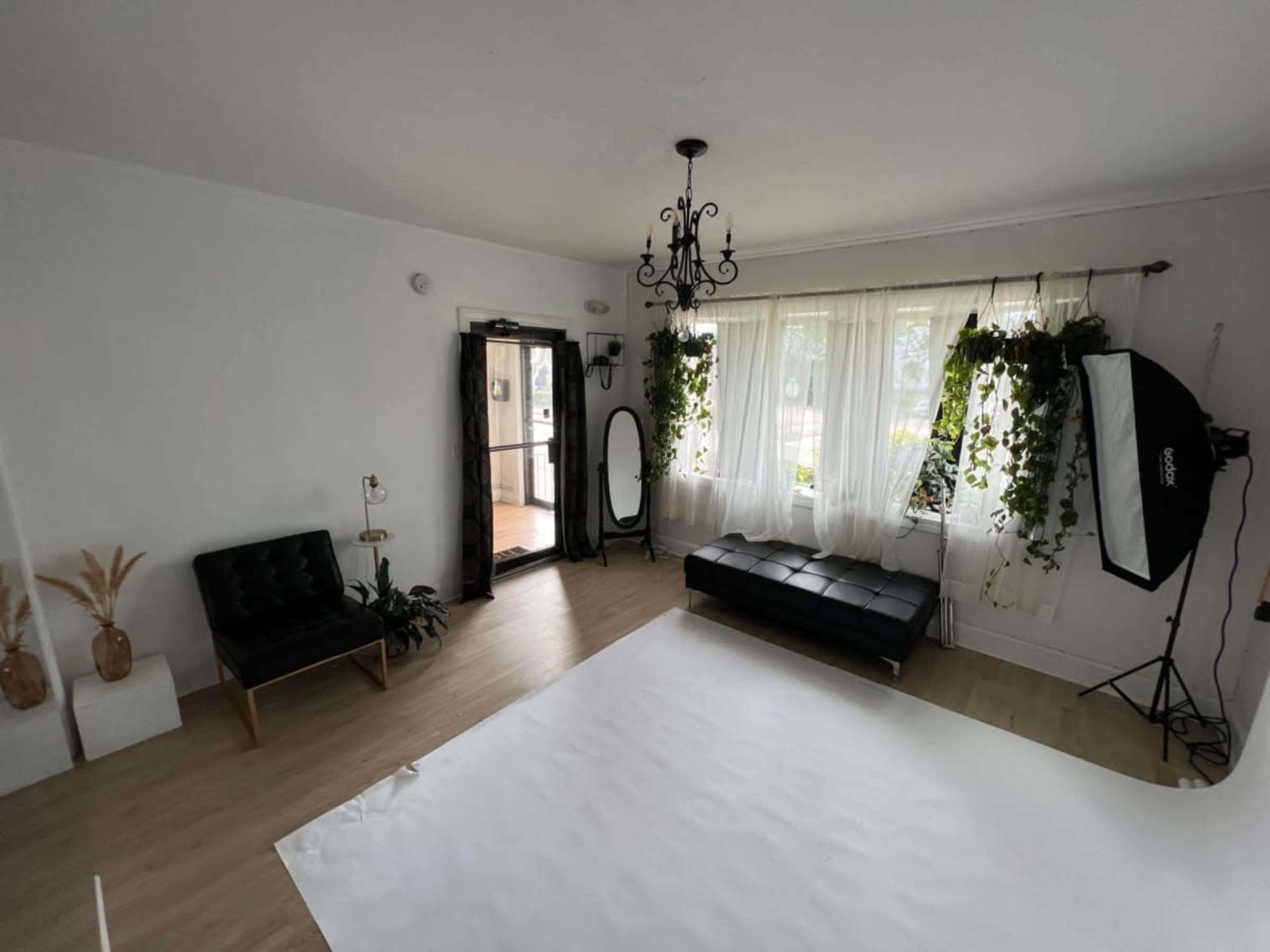 A minimalist interior room with a black futon, a full-length mirror, a white backdrop on the floor, and natural light coming through large windows adorned with plants.